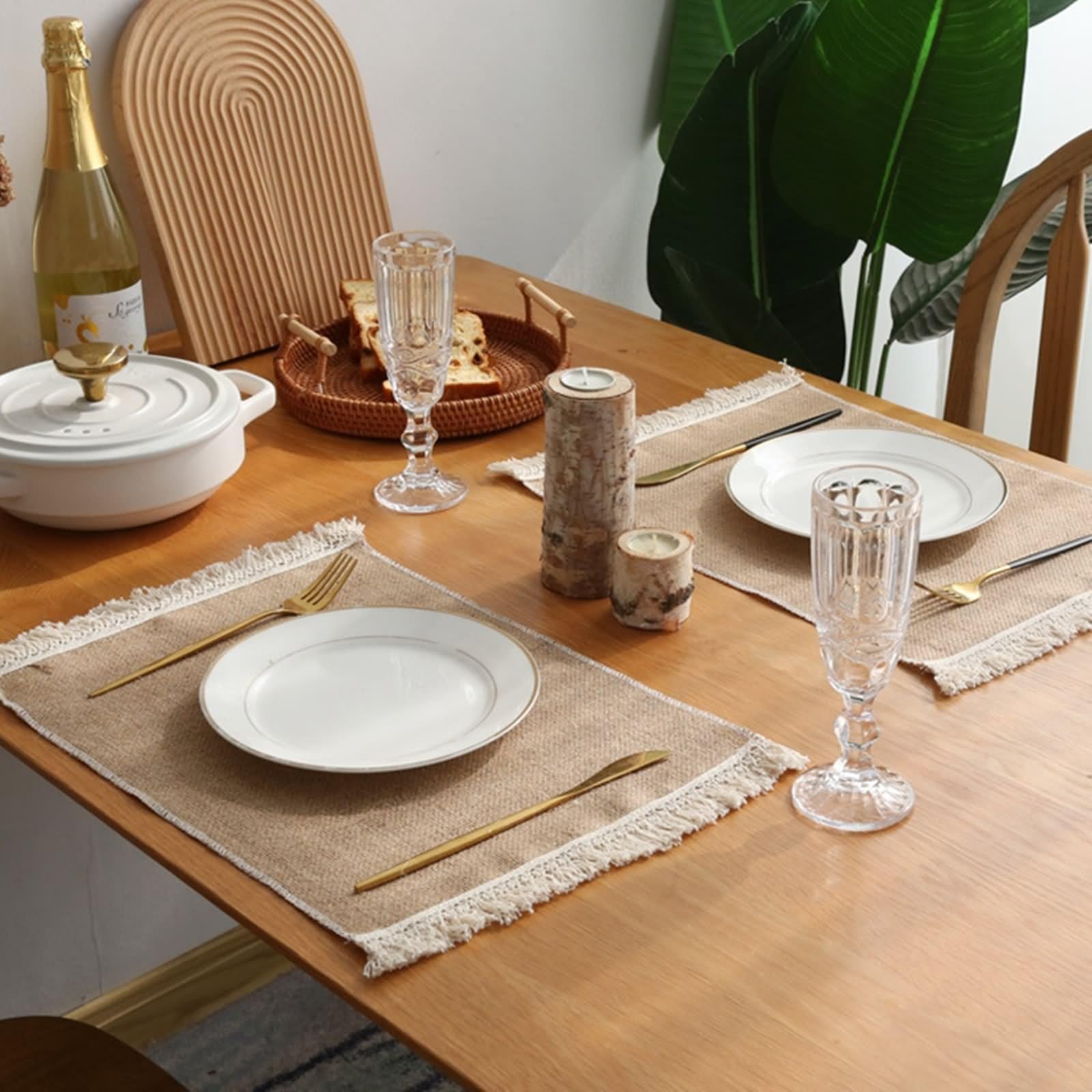 10er Set Platzset Weihnachten Edel, Tisch Untersetzer Braun 30x45cm Einfarbig mit Quaste Baumwoll Leinen