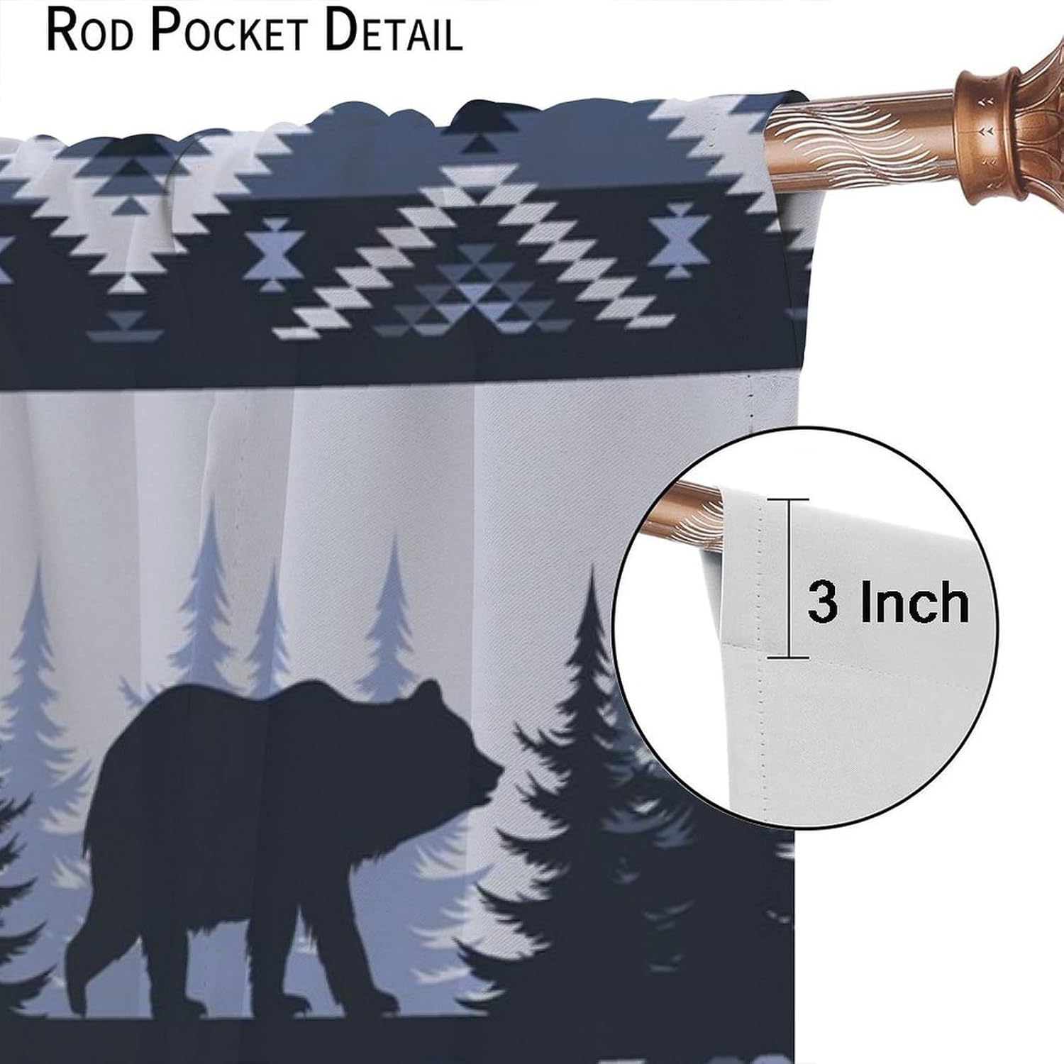 Aztec Bear Blackout Curtains, Blue Bohemian Native Tribal Pattern Woodland Pine Tree Window Treatment for Bedroom Living Room Home Decor, 42" W X 45" L
