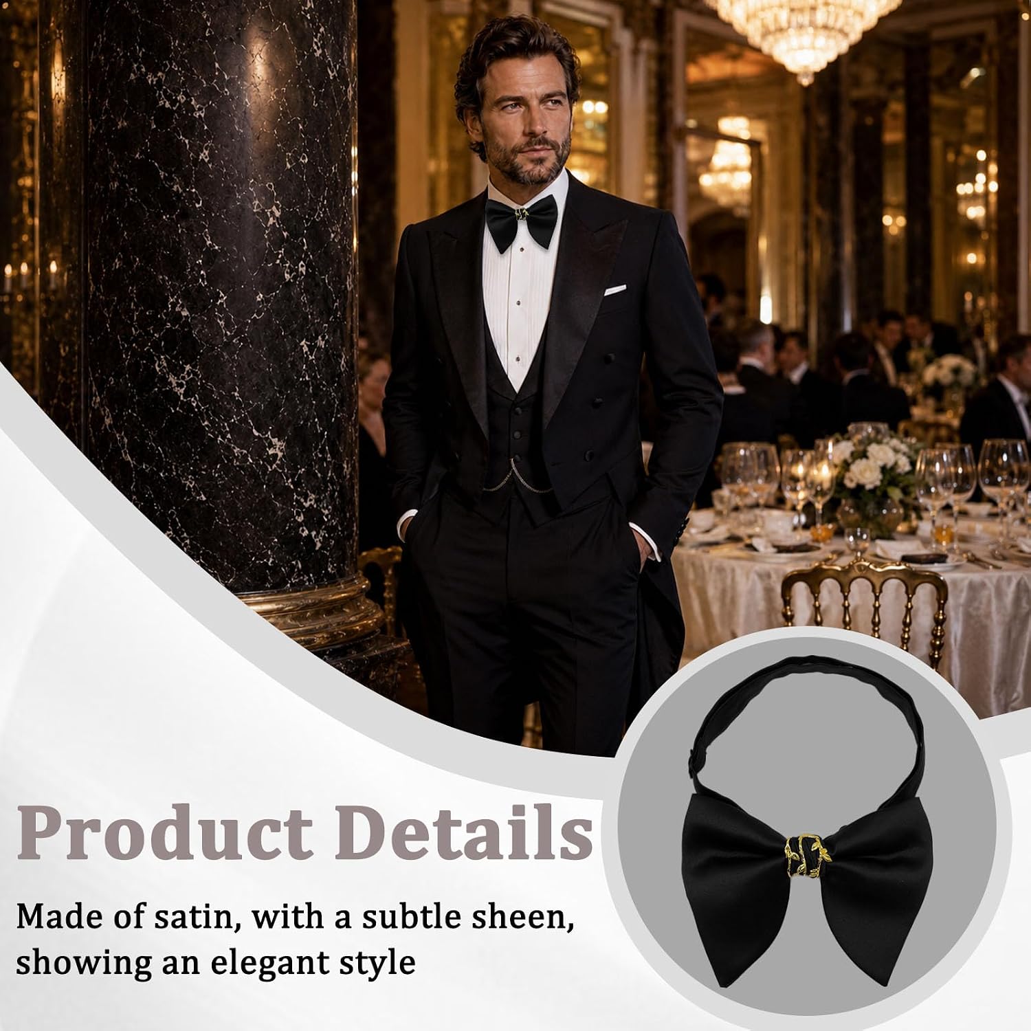 Pre-Tied Bow Ties for Men Oversized Bowtie Satin Men's Tuxedo Dress Tie for Tux Vest Wedding Party Ball Banquet