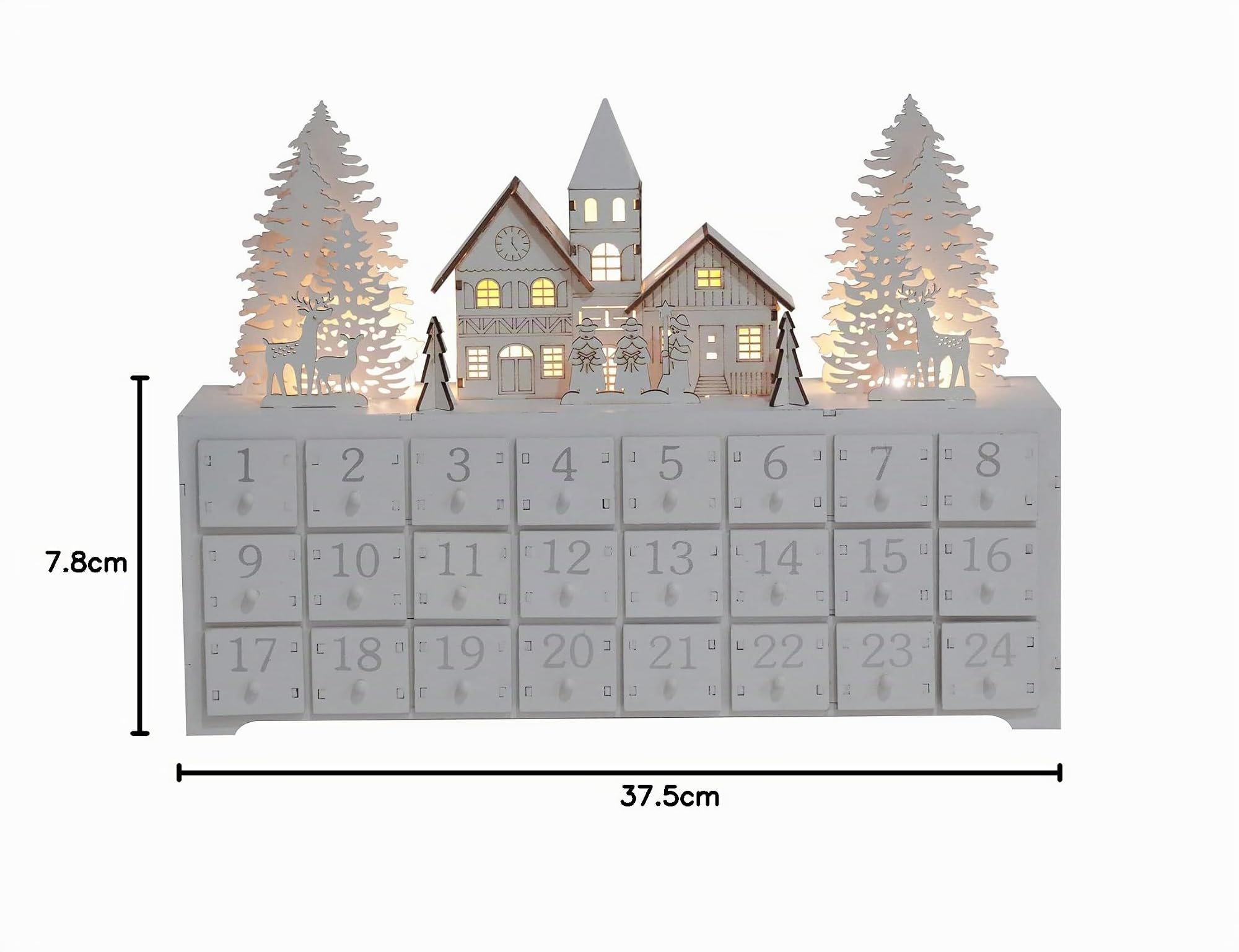 PE Calendario dell'Avvento in legno a forma di casa con scena della foresta invernale illuminata a LED, 24 cassetti per conto alla rovescia con renne e neve in argento fine