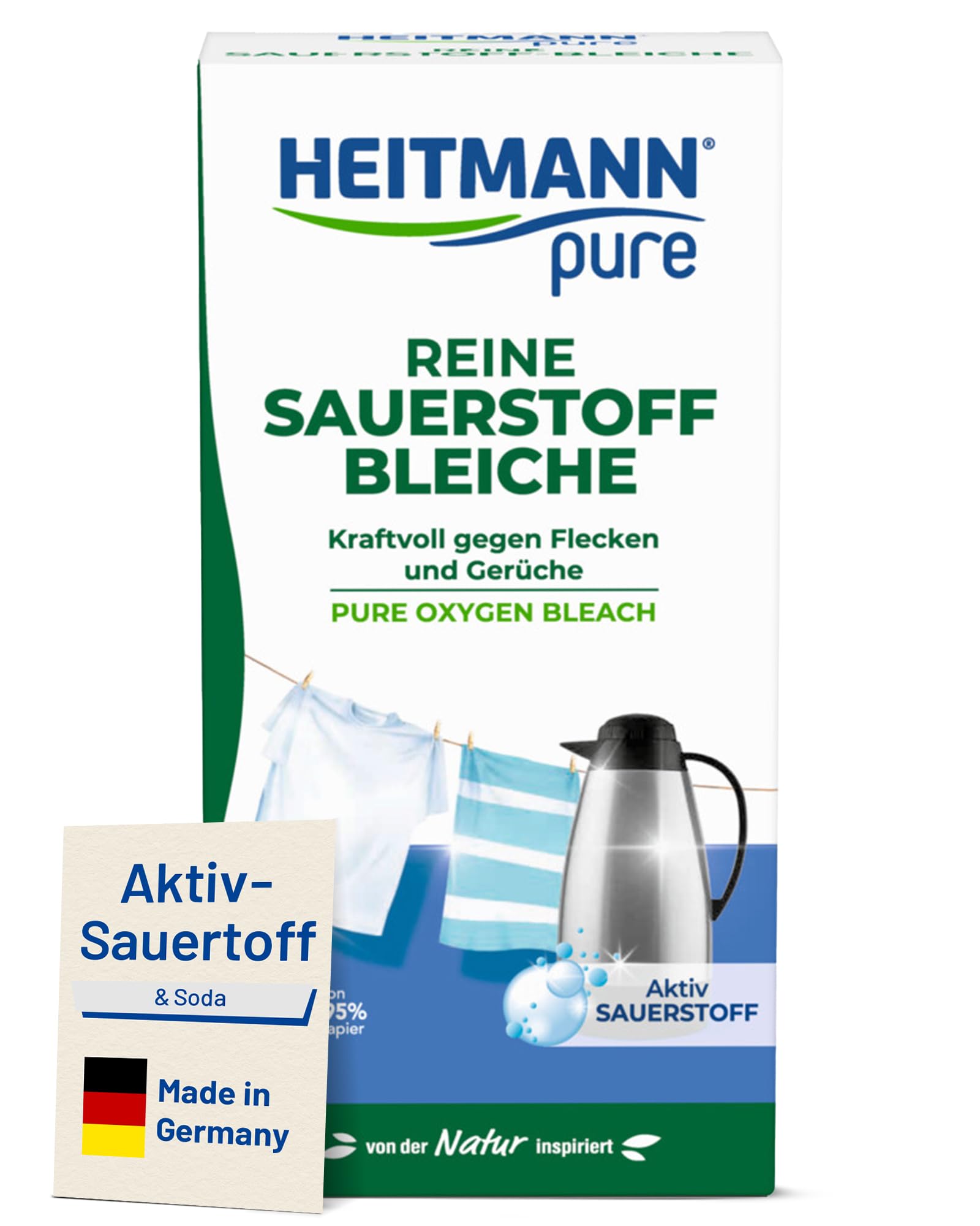 HEITMANN pure Reine Sauerstoffbleiche 350 g | Ökologisches Bleichmittel aus Aktiv-Sauerstoff & Soda für Wäsche & Haushalt | Waschmittel Pulver gegen Flecken & Schmutz