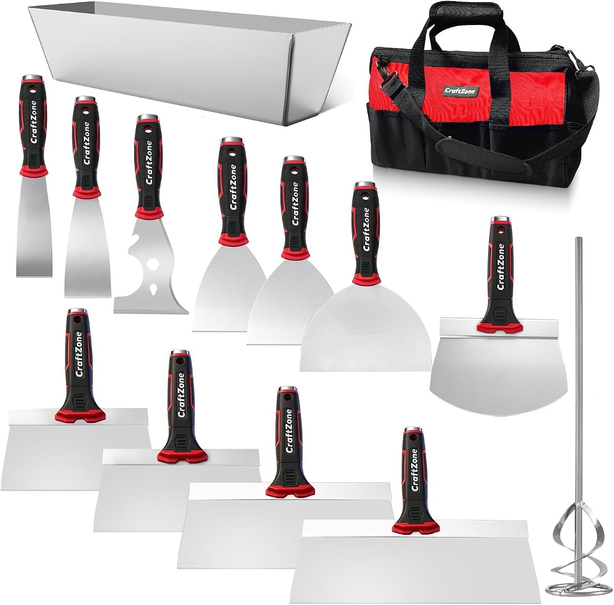 14Pcs Drywall Knife Kit with Putty Knives, Taping Knives, Paint Scraper, Bucket Scoop, Mud Pan, Mud Mixer and Storage Tool Bag for Drywall Repair