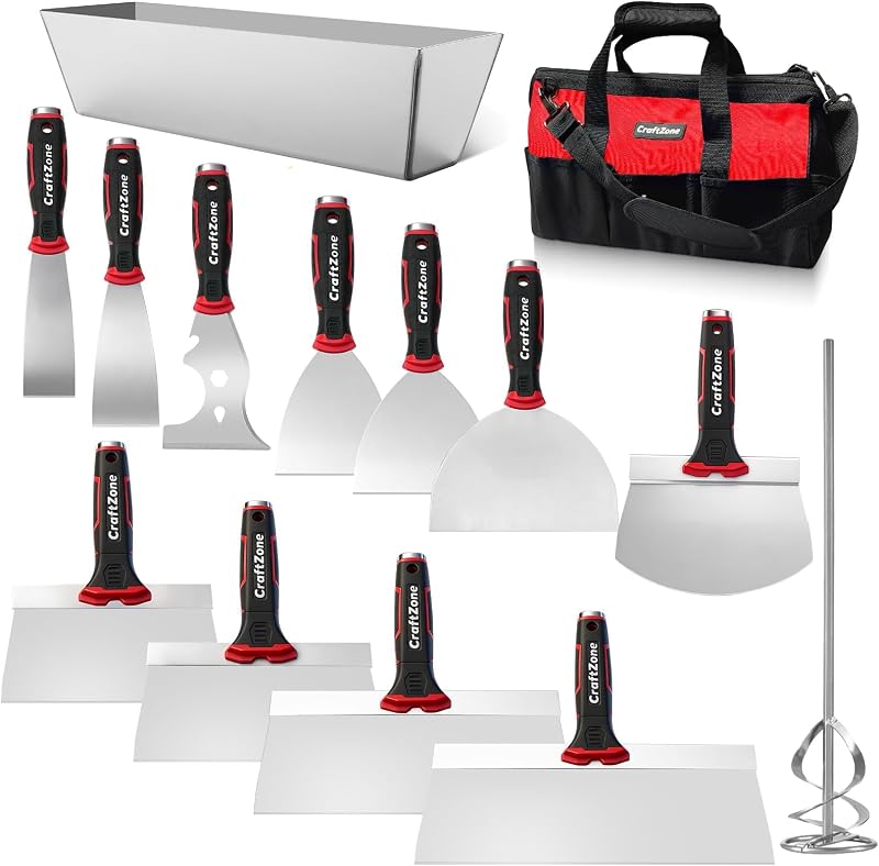 14Pcs Drywall Knife Kit with Putty Knives, Taping Knives, Paint Scraper, Bucket Scoop, Mud Pan, Mud Mixer and Storage Tool Bag for Drywall Repair