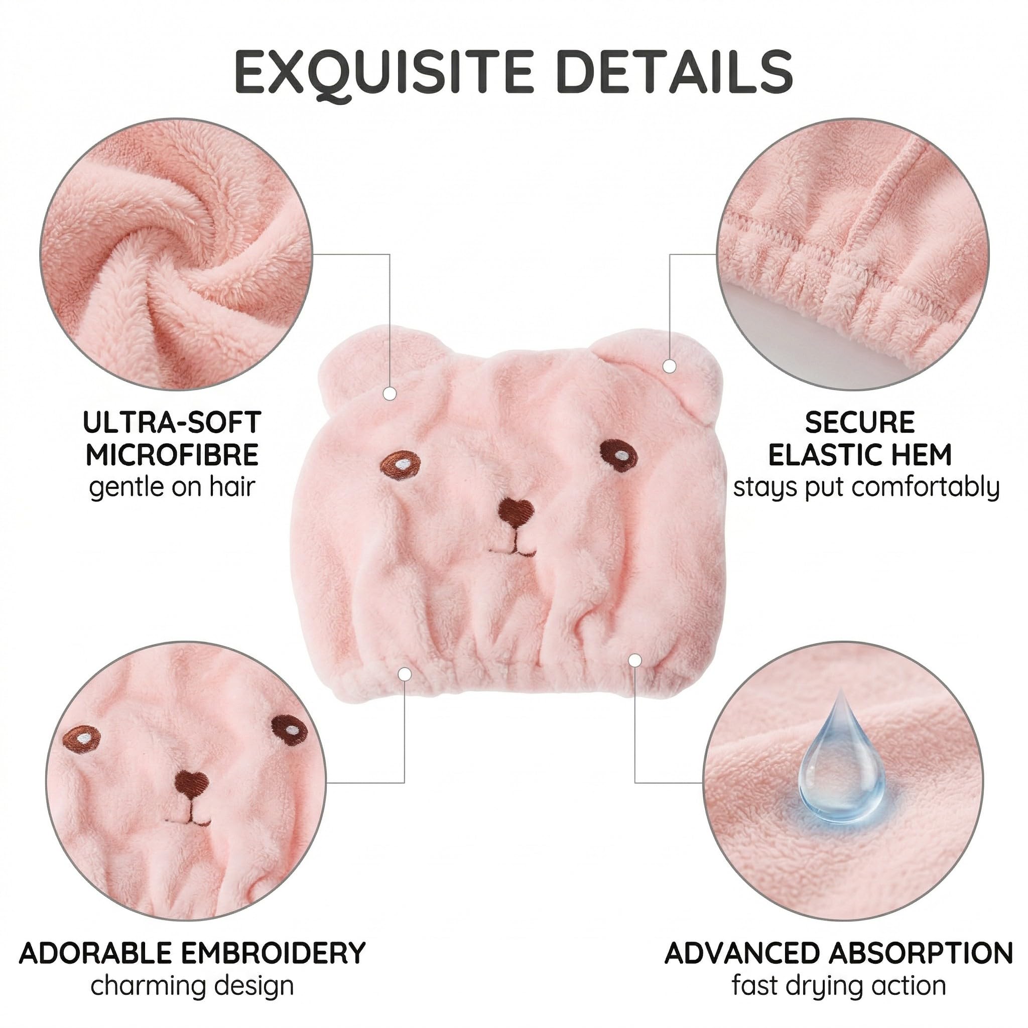Set di 2 Turbanti in Microfibra per Capelli, Asciugamani a Cuffia Orsetto a Asciugatura Rapida, Cuffia Absorbente e Morbida per Donna e Bambini, Accessorio Bagno (Rosa e Nero)