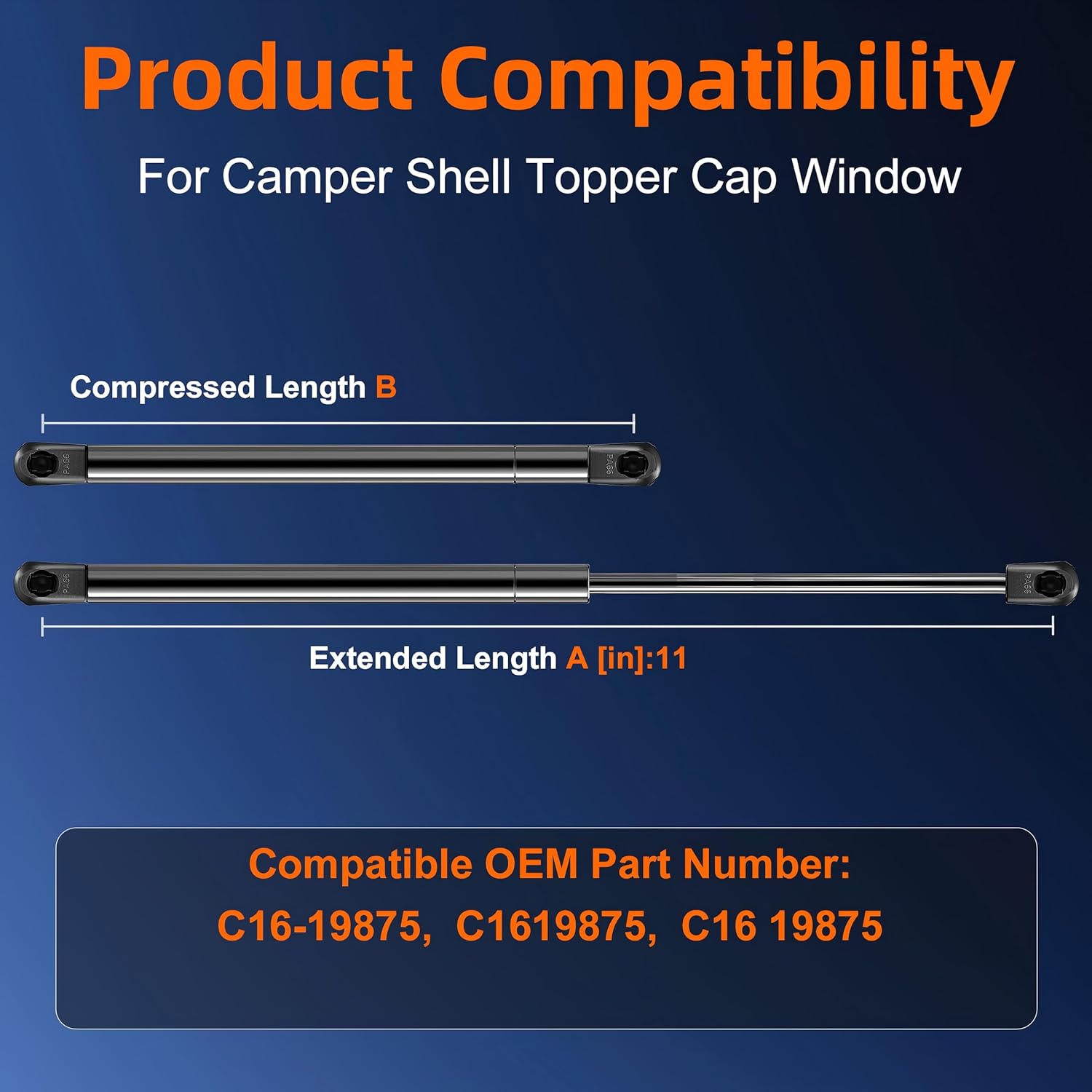 Qty (2) C16-19875 11in Gas Sturt Spring for Camper Shell Topper Cap Window, C16 19875 Shocks Lift Support Picup Truck Tractor Tool Box Lid Door, 6917