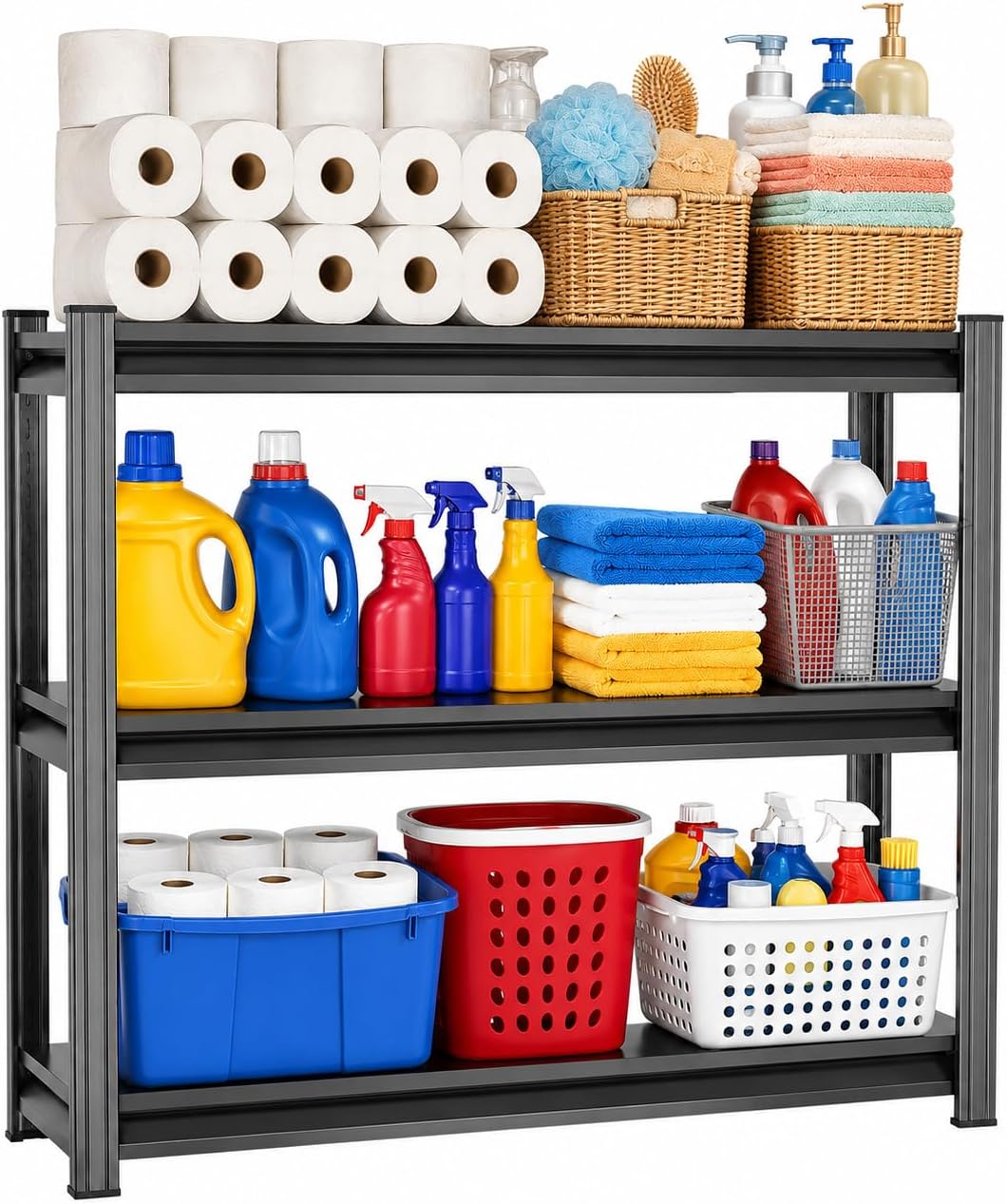 Heavy Duty Over Washer and Dryer Storage Shelf, 3 Tier Adjustable Metal Laundry Room Organizer, Freestanding Utility Shelving Rack, Rust Resistant Steel Storage Shelf, Black, 35.4"Wx 11.8"Dx 31.5"H