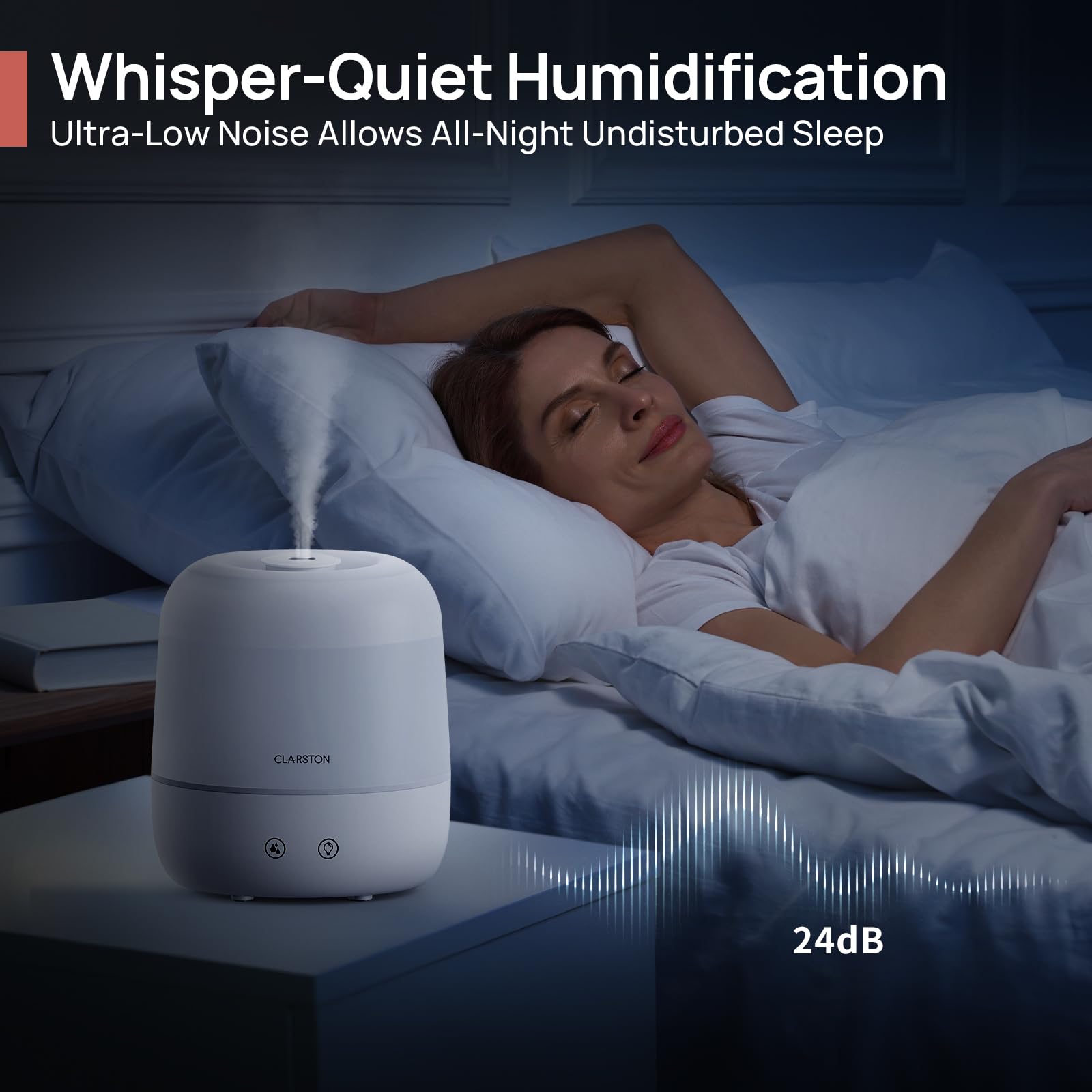 Clarston 2L Cool Mist Humidifier for Bedroom with 360° Adjustable Nozzle, High and Low Mist Levels, Ultra-Low Noise, Light-Off, No BPA, Auto Shut Off, Ideal Baby Humidifier with Easy Top Filling