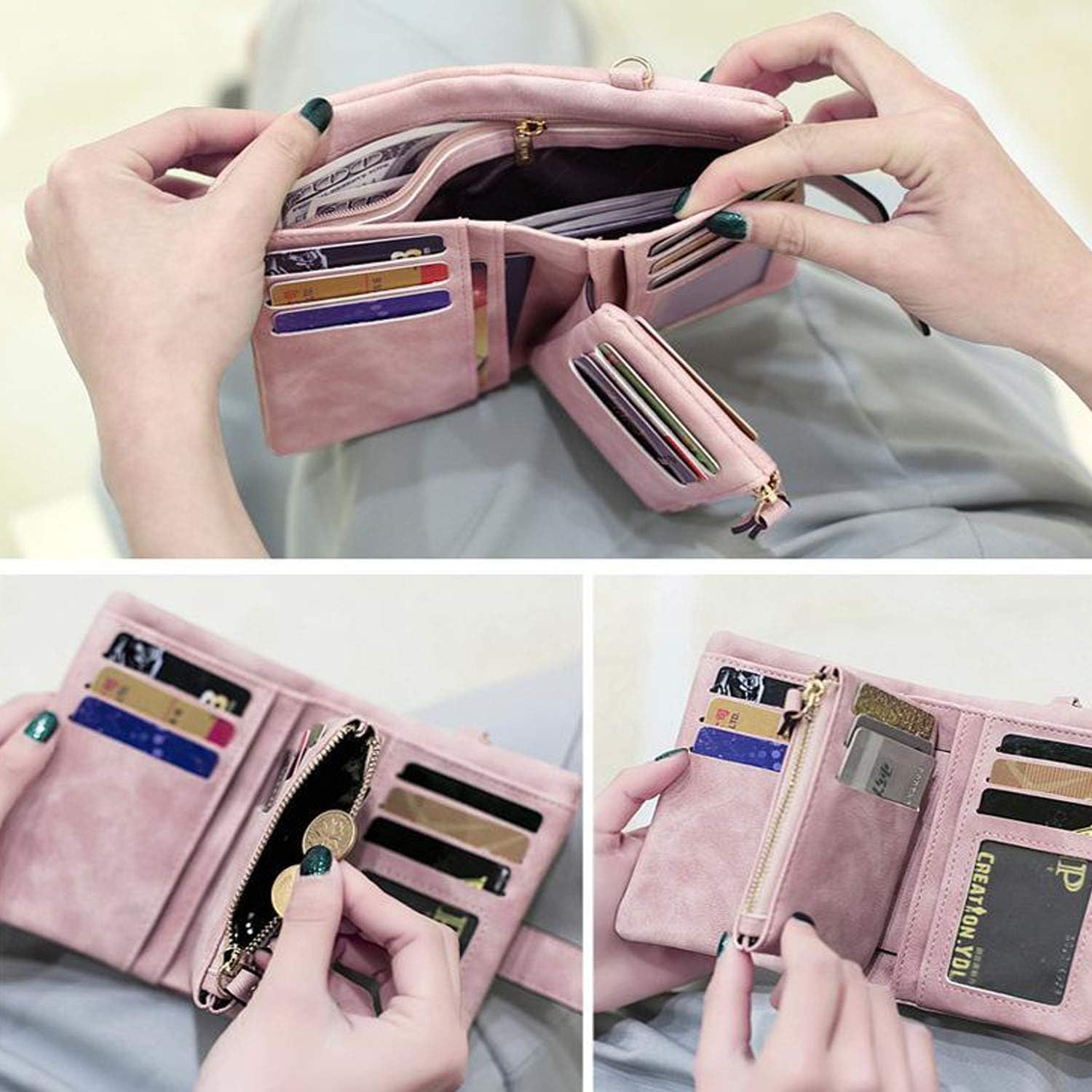 PofeeXIO Womens Small Bifold Leather Wallets RFID Ladies Wristlet with Card Slots id Window Zipper Coin Purse | Small, Bifold, RFID, Wristlet, with Card Slots, id Window - Image 3
