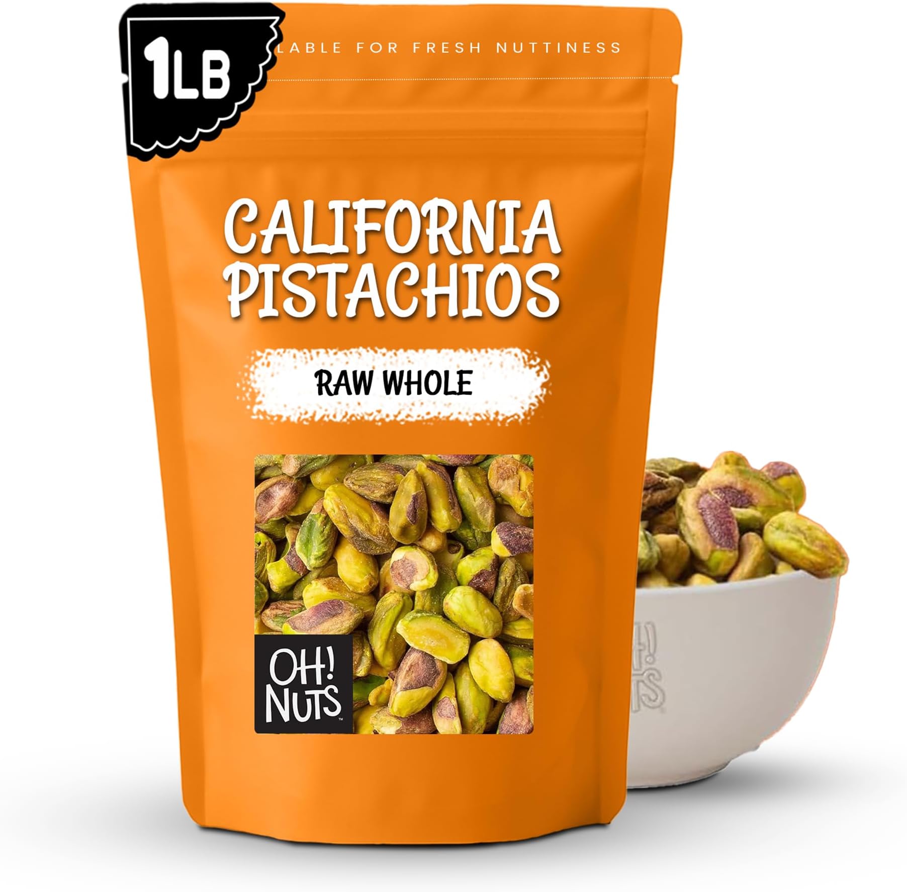 Oh! Nuts Pistachios No Shell - Raw - 100% Natural - 1 lb - Raw Whole California Pistachios - Packed in New York Zip-Seal Bag for Exceptional Freshness