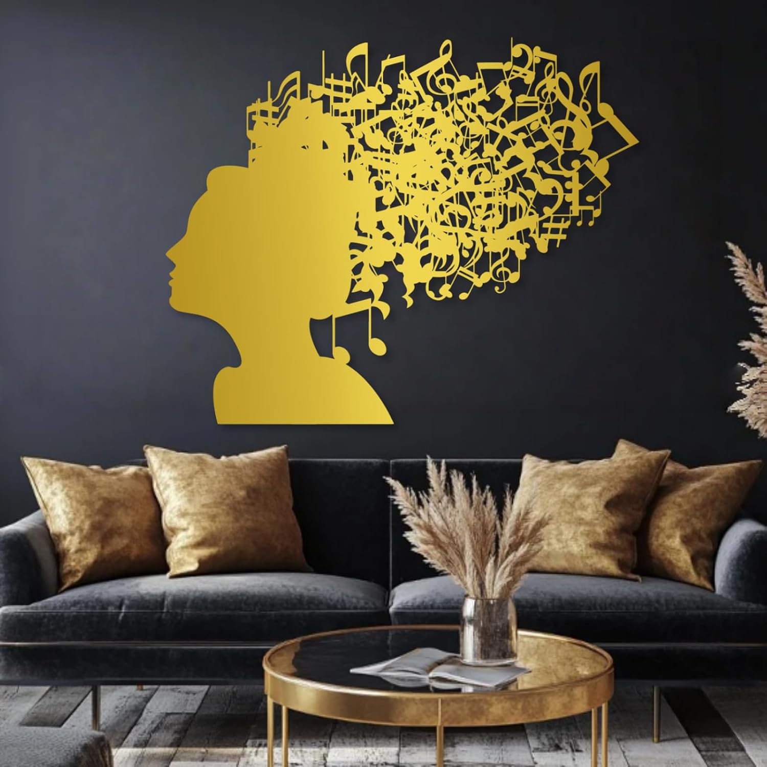 Maclou Music Notes and Metal Woman Wall Art, Metal Musical Wall Decor, Musical Wall Decor for Music Room, Living Room, Gift for Musician (Gold,24"x19" / 60x49cm)