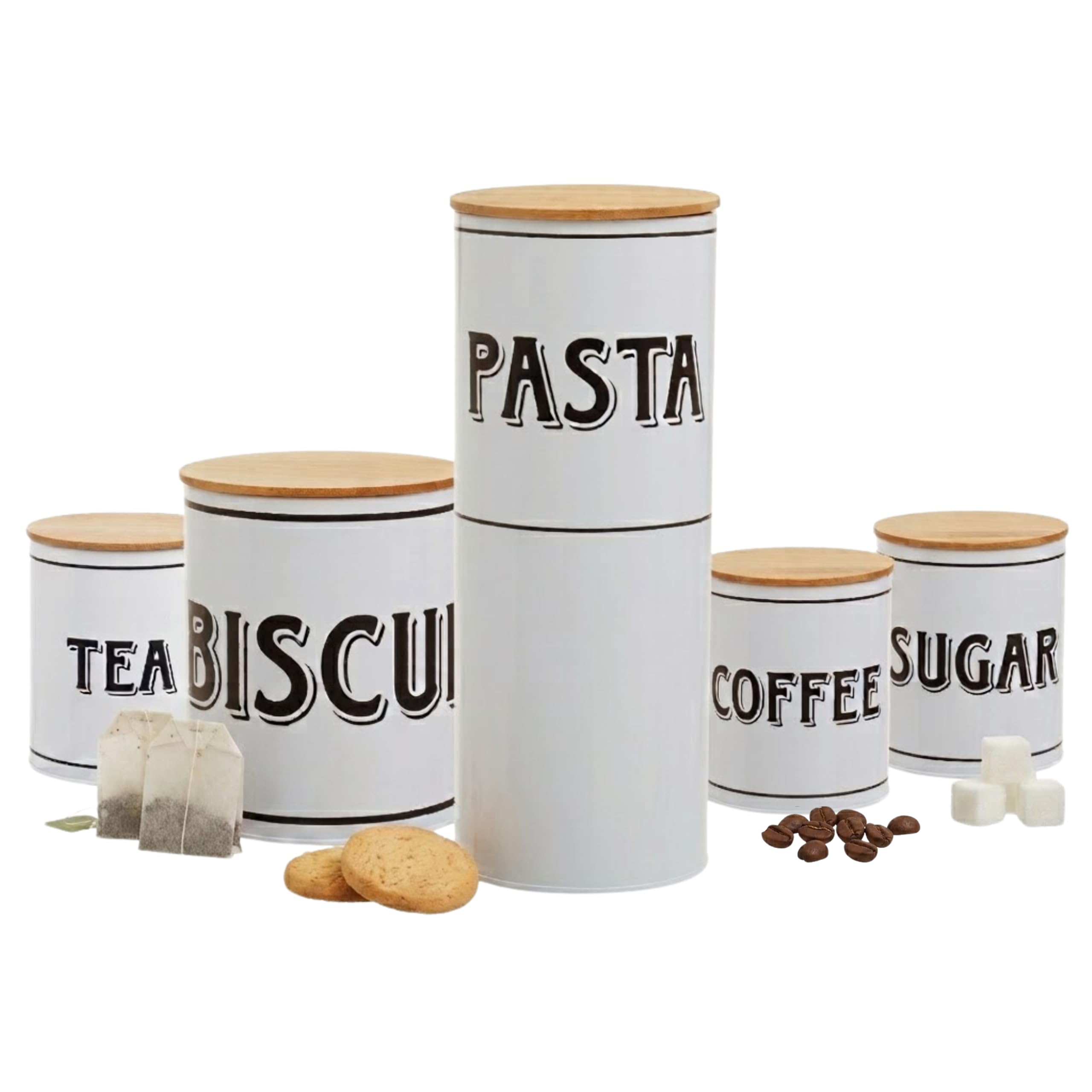 Premier Housewares - Juego de recipientes de metal blanco con tapas de madera y bambú (5 piezas)