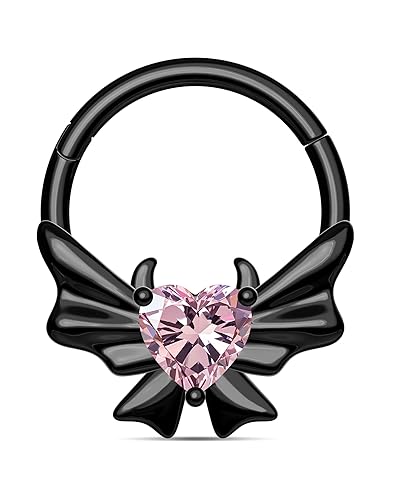 CM Crareesi Mania Heart Devil Septum Ring 316L Stainless Steel Gothic Cutie Demon Septum Piercing Jewelry 16G Blackpink Daith Earrings with Black Bow for Women