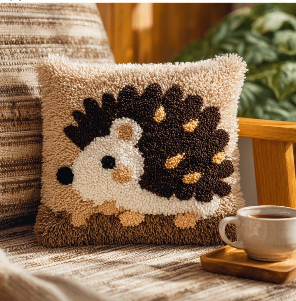 AxiangziK Latch Hook Cushion Kits,Hedgehog DIY Needlework Pillow Cover Cushion Rug Making Kit,17X17Inch Handmade Embroidery Kits, Decorative Throw Pillow Cover for Sofa Cushions, Bedroom Decor