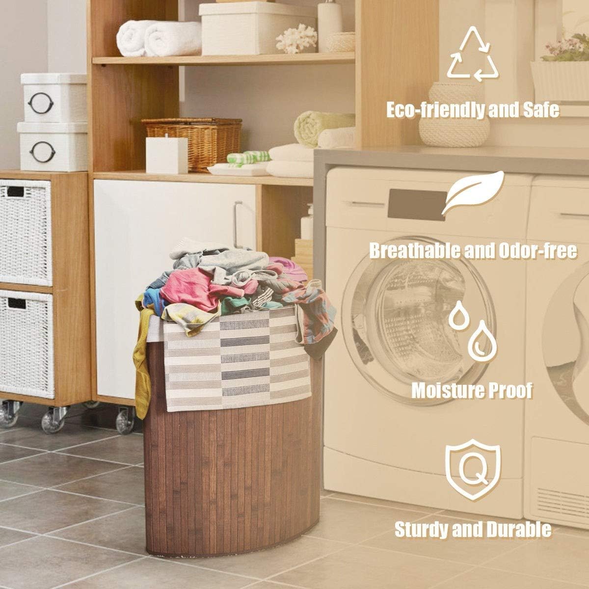 GOFLAME Corner Bamboo Laundry Hamper with Lid and Removable Liner, Washing Clothes Basket Storage Bin with Handle, Suitable for Bedroom, Bathroom, Laundry (Brown)
