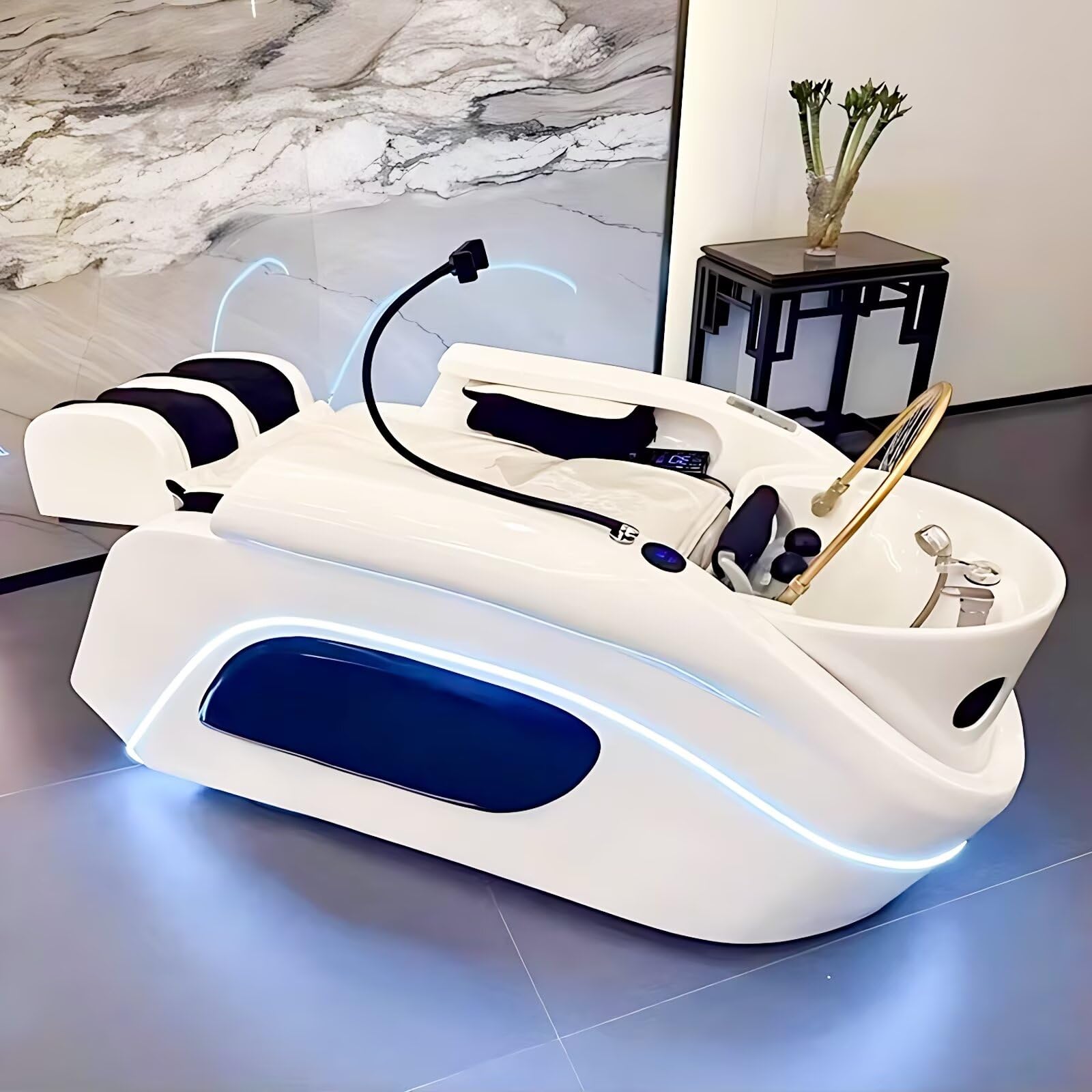 Professionelle Kopfmassage-Shampoo-Liege, Massage-Salon-Spa-Liege mit Wasserkreislauf, Fiberglasbecken, weiße Hightech-Luxus-Spa-Ausstattung