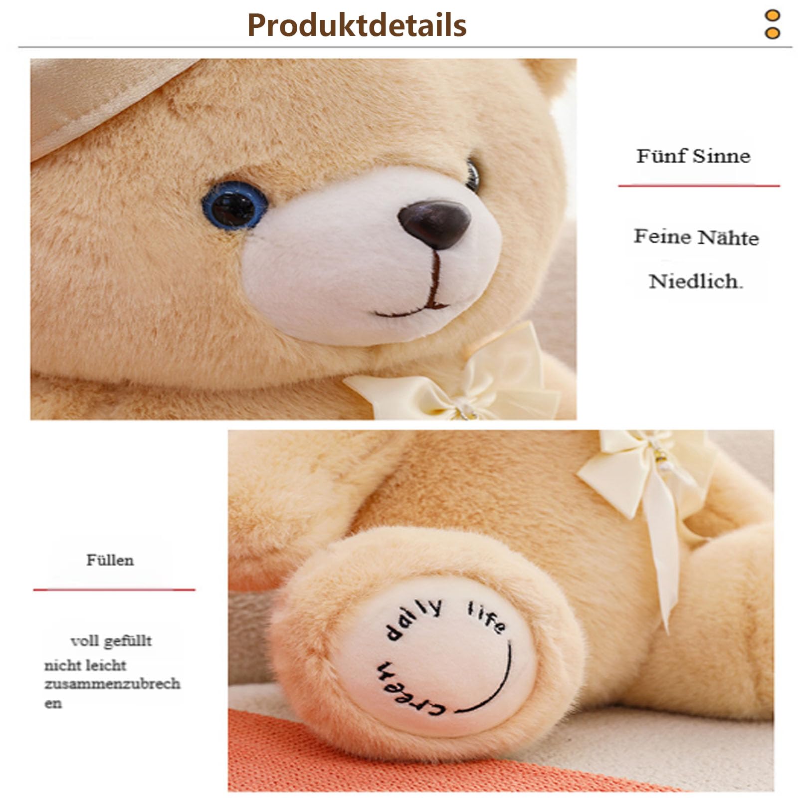 Teddybär Plüsch, Riesen Teddybär XXL mit Schleife und Baskenmütze, Weiches Nette Bär Puppe Tier Kuscheltier, Süße Stofftier Spielzeug, Geschenk für Kinder Jungen Mädchen Geburtstag (60cm,Champagner)