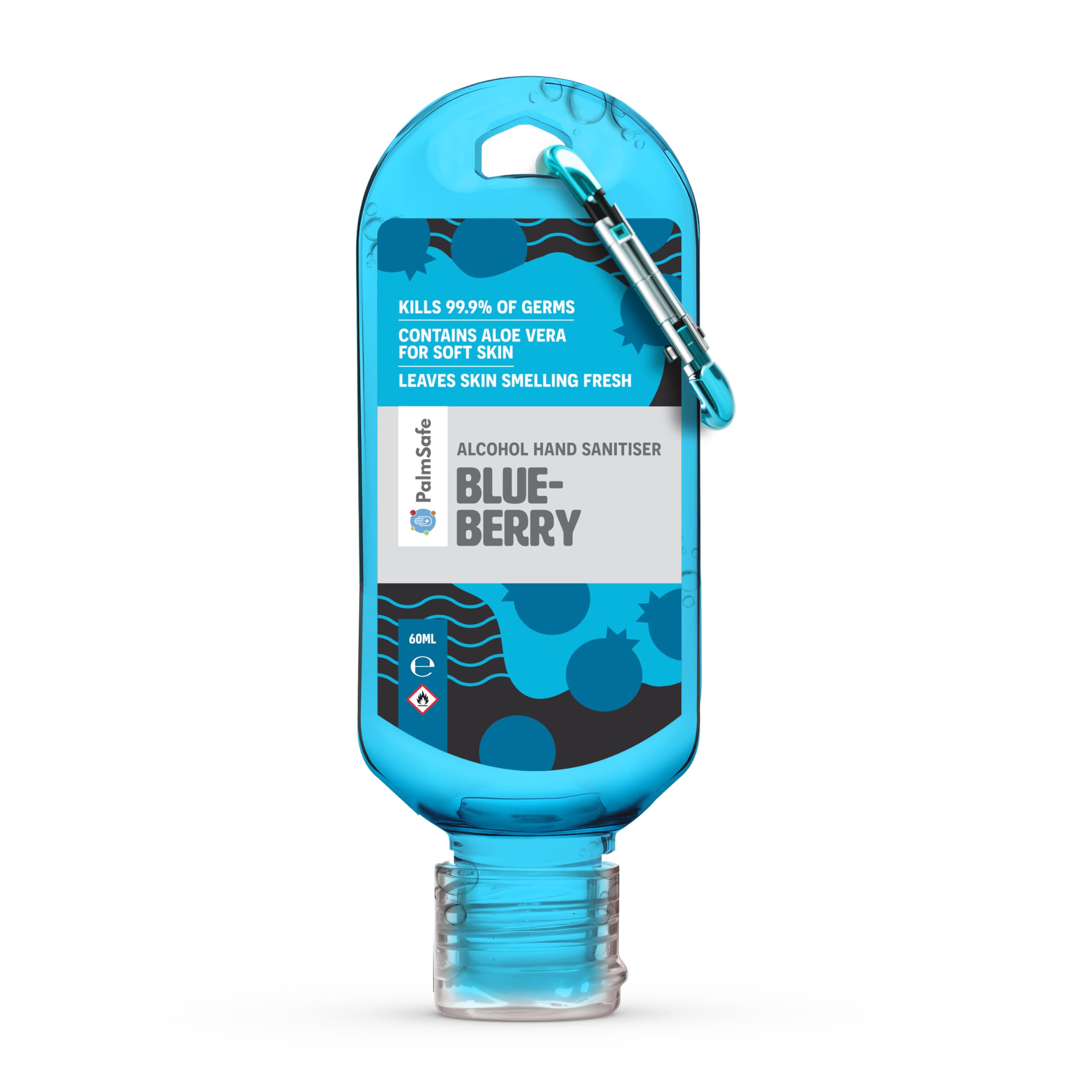 Palm Safe Blueberry 60ml Anti Bacterial Premium Hand Sanitiser Travel Size Refillable Clip Bottle Quick Drying Non Sticky Extra Moisturising Kills 99.9% of Viruses and Bacteria