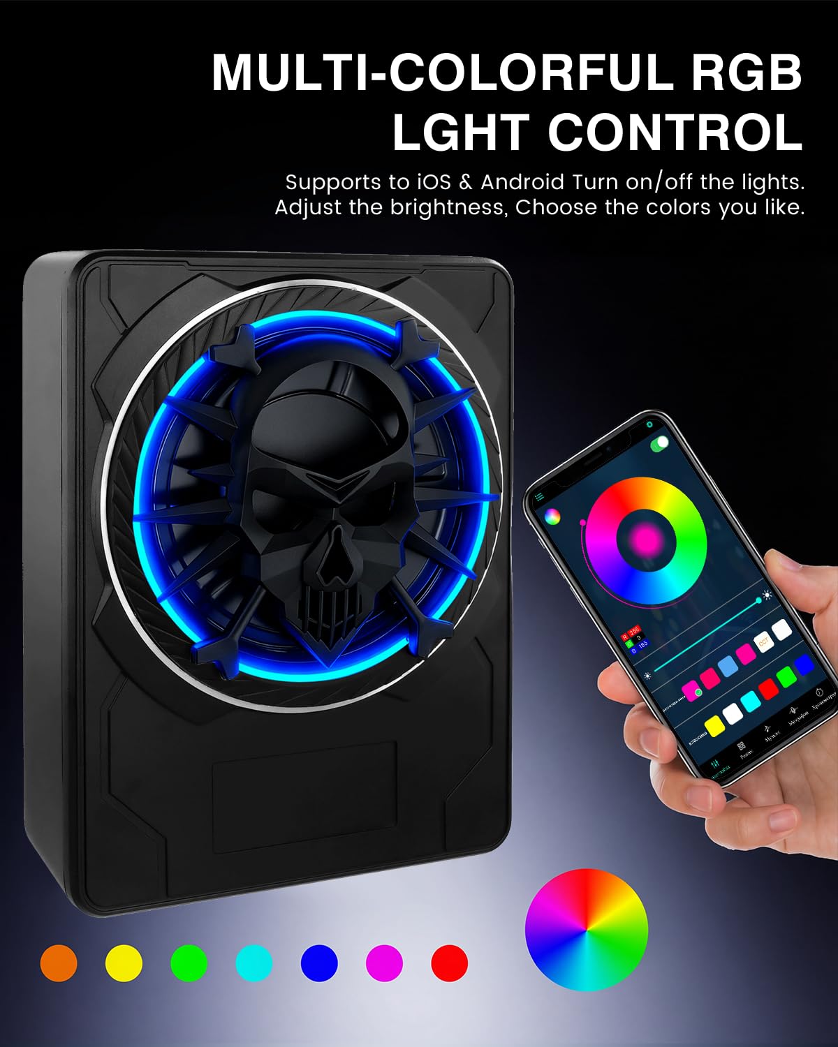 Subwoofer attivo per auto, montabile sotto i sedili, potenza massima 1200W, 10", modulo amplificatore integrato, design compatto ed elegante, illuminazione ambientale RGB controllata tramite APP