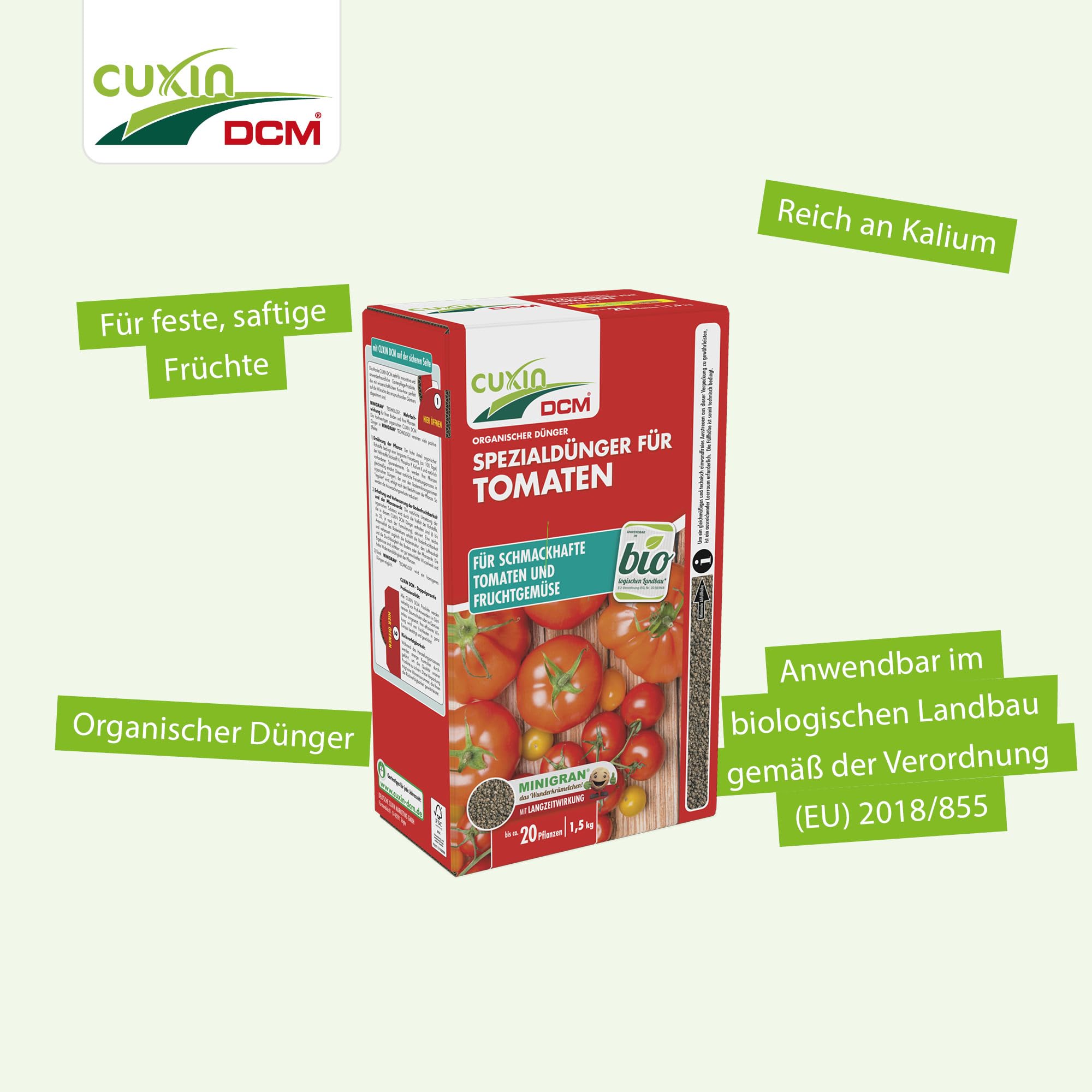 CUXIN DCM Engrais spécial pour tomates – Engrais pour tomates – Avec technologie MINIGRAN® – Engrais pour tomates – Engrais bio organique – 1,5 kg pour 20 plantes