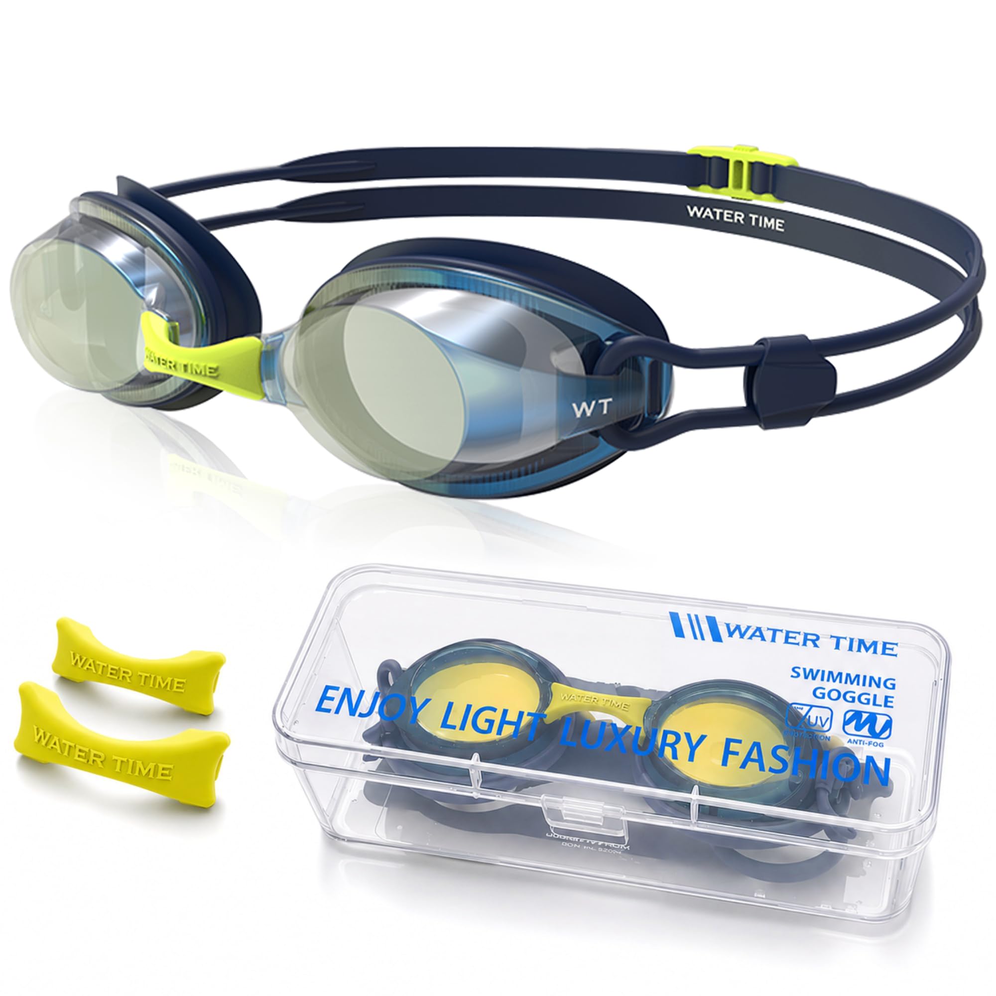 Occhiali da nuoto unisex per uomo e donna, tecnologia anti-appannamento e anti-UV, doppia cinghia senza perdite, visione chiara (blu navy e giallo fluo)
