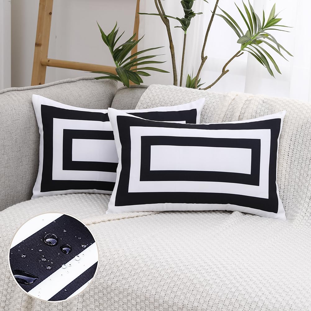 JOJOGOGO White Outdoor Lumbar Pillow Covers Waterproof 12x20 Set of 2, White and Black Decorative Outdoor Waterproof Boho Pillows 12 x 20 for Patio