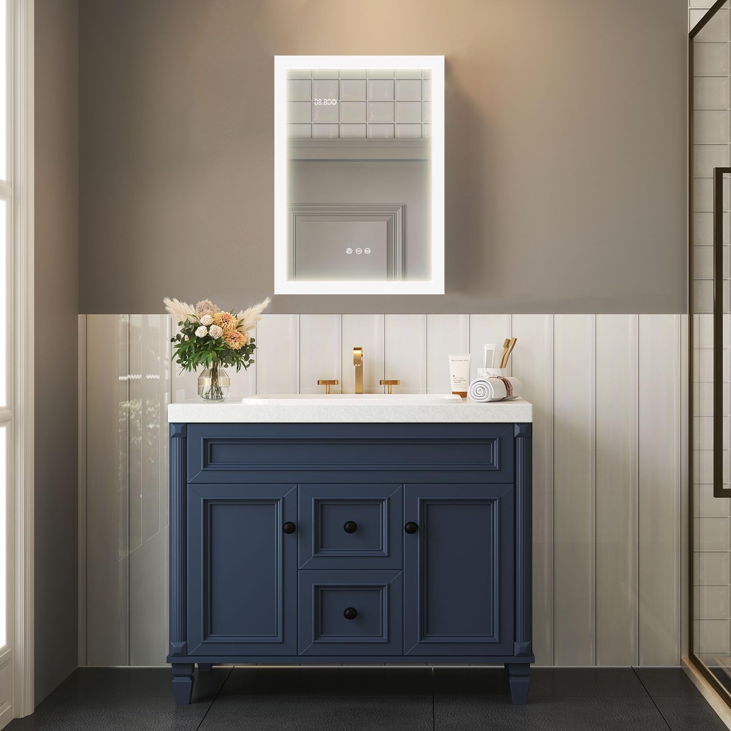 20×28 Inch Bathroom Medicine Cabinet with Lights, LED Medicine Cabinet with Mirror, Lighted Bathroom Mirror Cabinet with Storage, Digital Clock & Temp Display, Surface Mount
