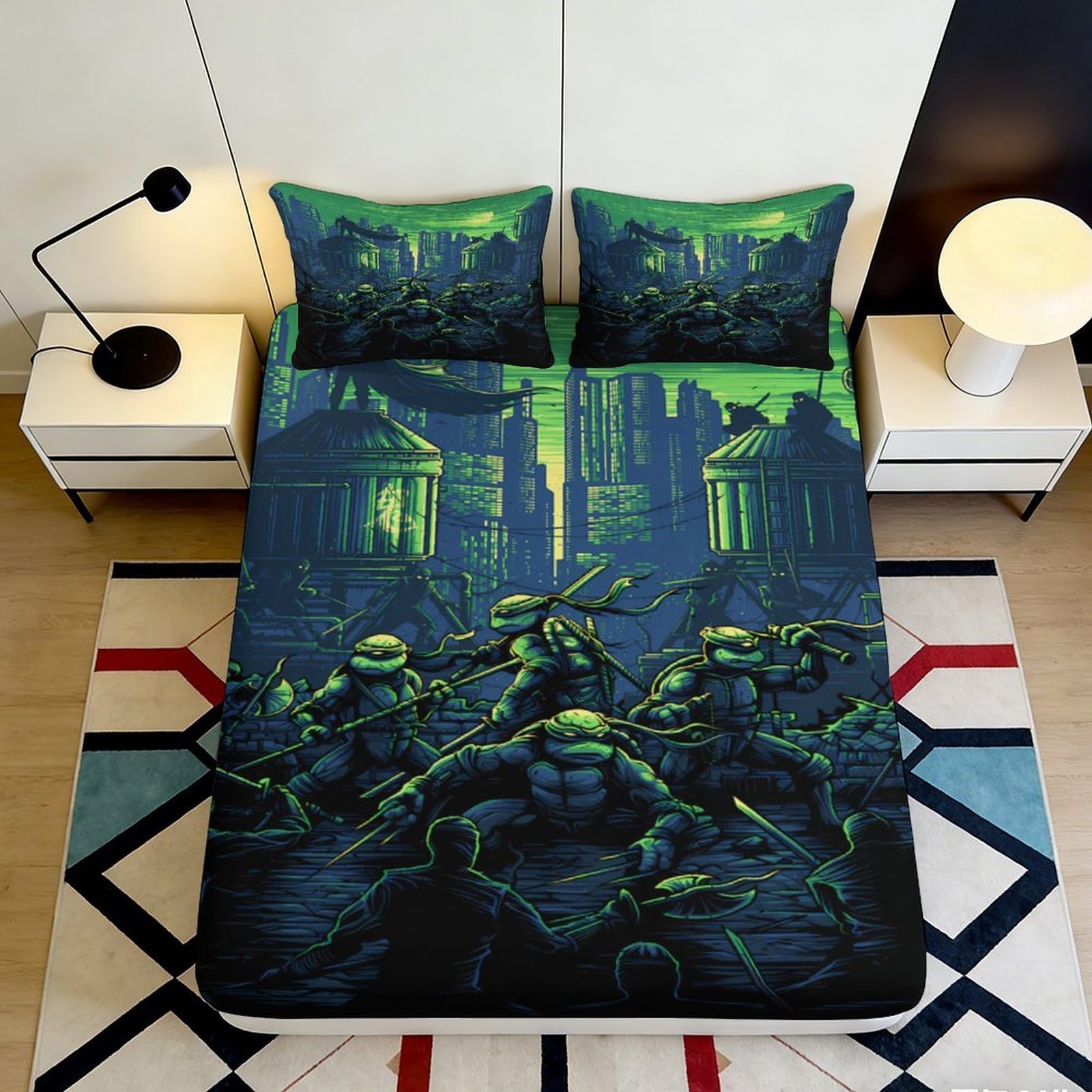 Dhbaneiok Style-10 3D Printed Ninja City Fitted Sheet Microfiber Urban Turtle Bed Cover For Bedroom Dorm Mattress Protection Decor 90X200x25cm