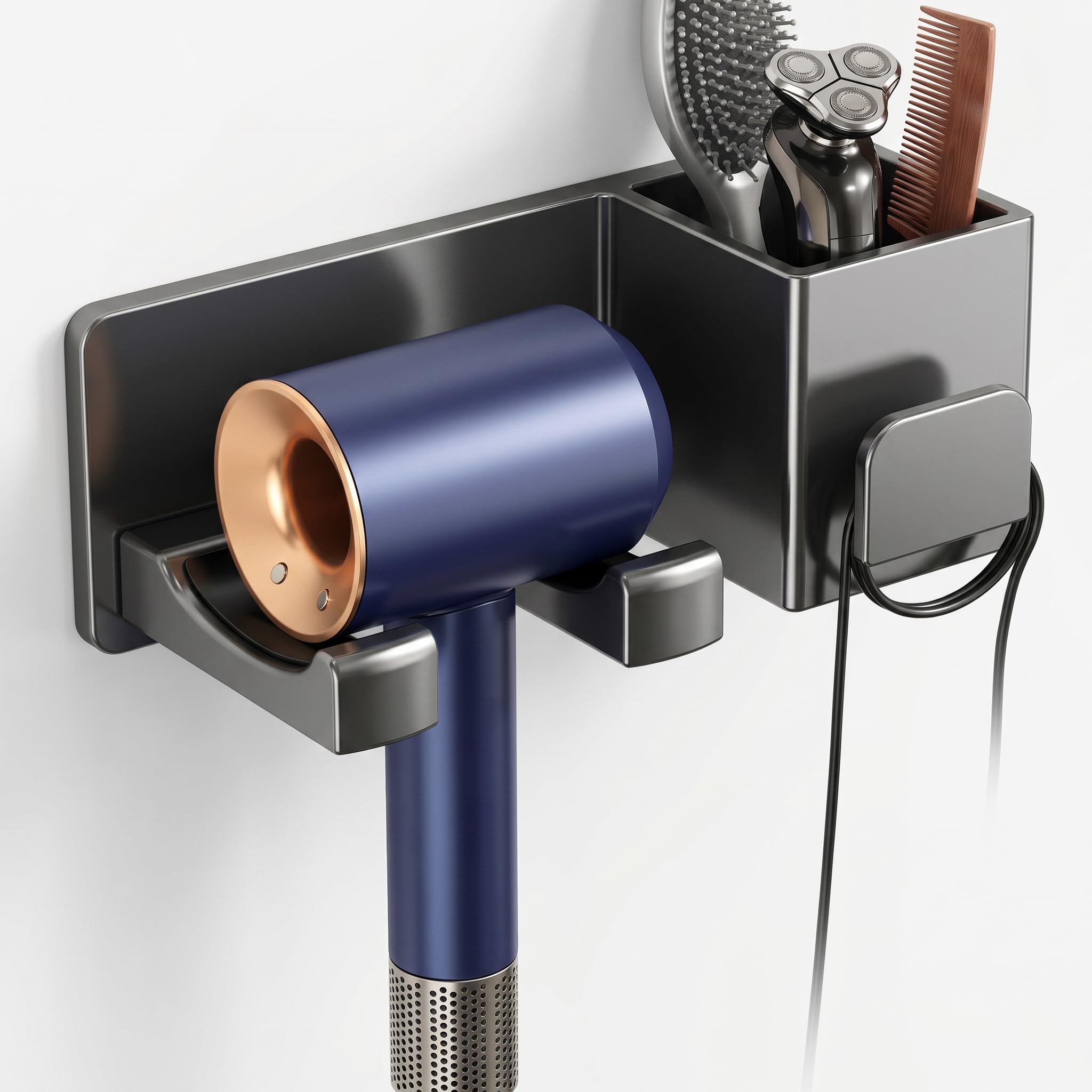 XQ&XG Supporto da Parete per asciugacapelli in Alluminio | Installazione adesiva senza fori, vano portaoggetti, avvolgicavo, supporto curvo con protezione silicone