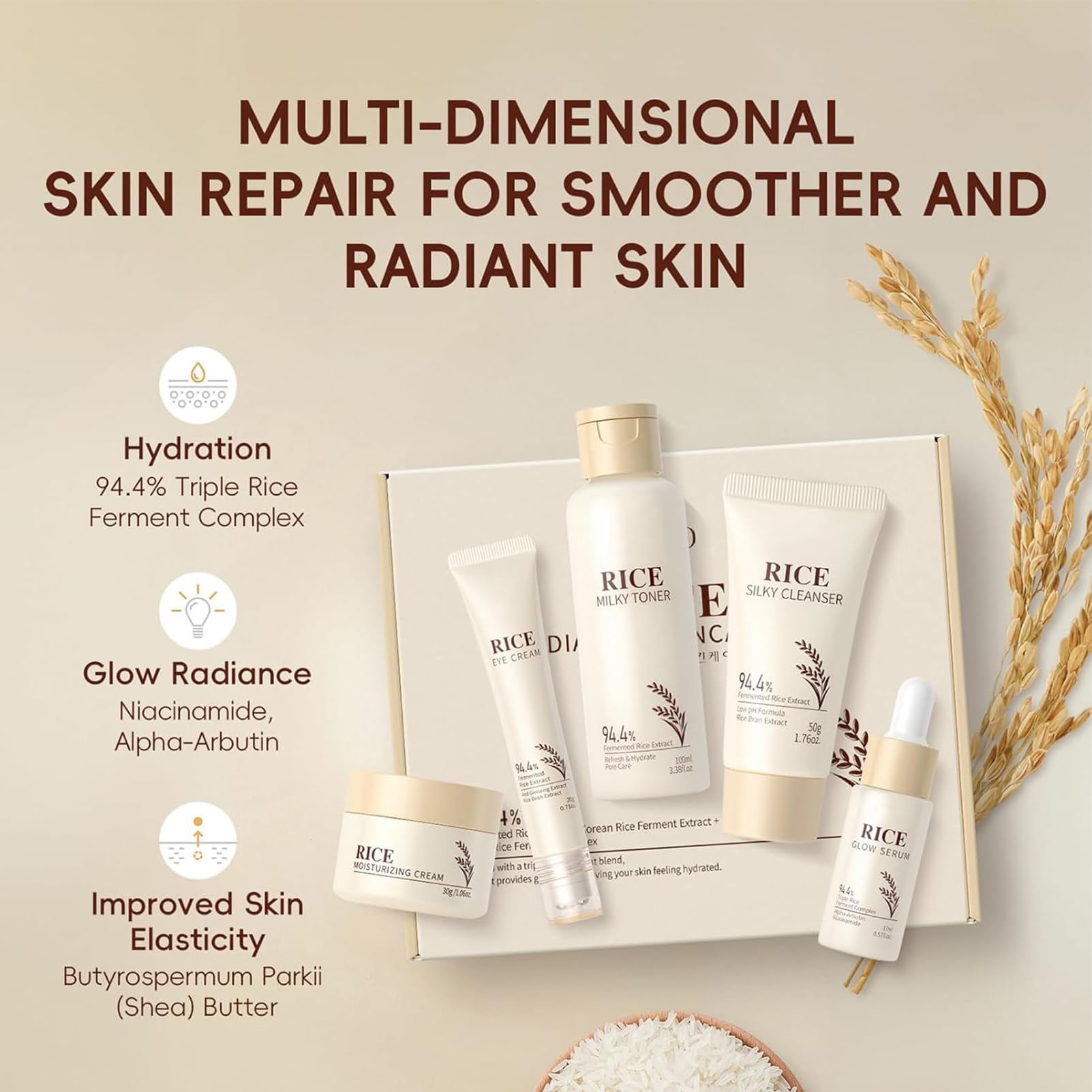 Rice Skin Care Sets & Kits,Korean Skincare Set,Glass Skin Care Gift Set,Skincare Gifts for Women with Cleanser,Serum,Toner,Cream,Eye Cream,Moisturizng,Firming Glowing Glass Skin - Image 2