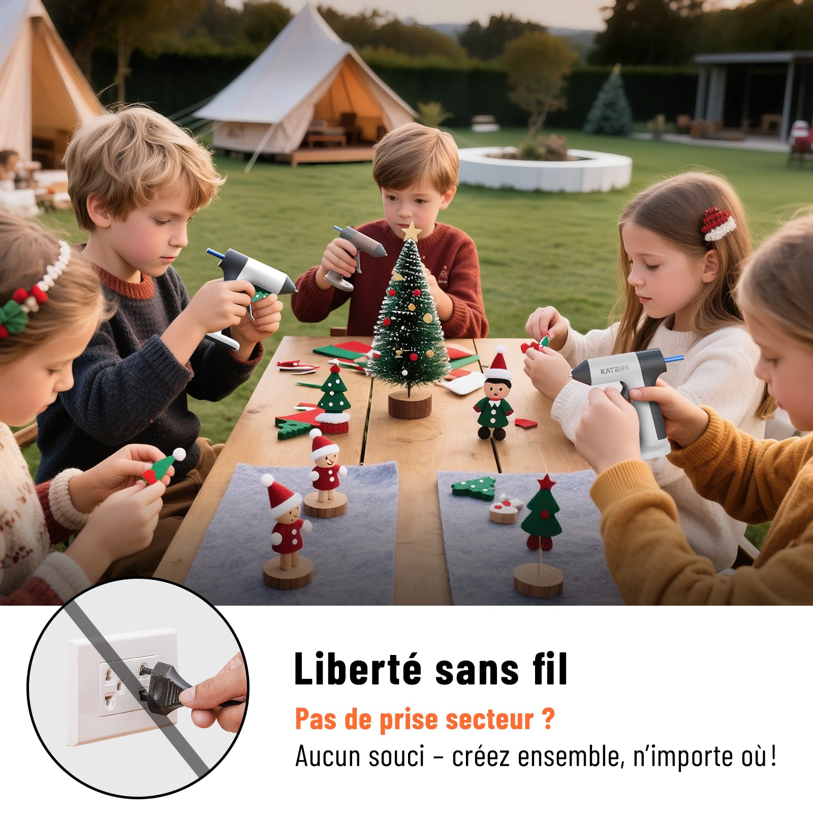 Katerk Pistolet à Colle Chaud Sans Fil, Pistolets à Colle Électriques avec Chauffage 30s, 20 Bâtons de Colle 7x100mm, 2500mAh Batterie, Arrêt Intelligent pour Bricolage, Art DIY et Réparations - Blanc