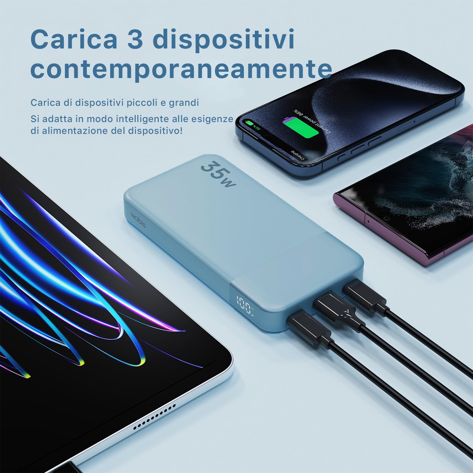 Nobis Caricabatterie portatile, 35W 10000mAh Power Bank Ricarica rapida, PD QC 4.0 Batteria per display a LED, USB C In/Out Caricabatteria per telefono per Phone Pad Android ecc. (Blu)