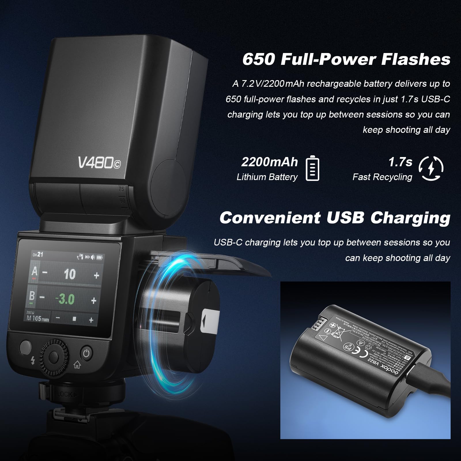 Godox V480C V480-C Flash Speedlite 7.2V/2200mAh TTL GN50 650 Full Power Flash do Canon R6 Mark II R10 R7 R100 EOS-R R5 Mark II R6 RP R8 M50 600D 90D 70D 0D 7500D 75000D D