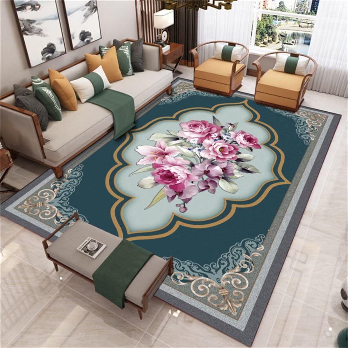 Tapis antidérapant 70X140CM motif vert floral violet résistant usure