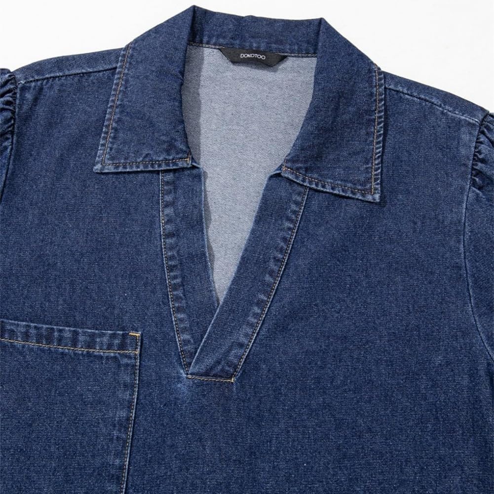 Generisch Vestido vaquero para mujer, con cuello en V, manga abombada, con bolsillos, vestido vaquero de verano con cuello en V, camisa holgada