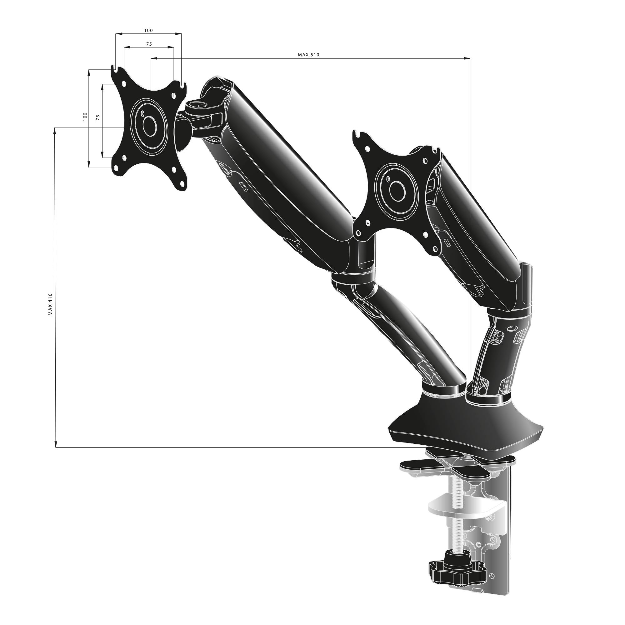 Iiyama Ds3002C-B1 Supporti A Parete Per Tv 68,6 Cm [27] Scrivania Nero (dual Gas Spring Armclamp - 10-27in 100x100 Has 5kg)