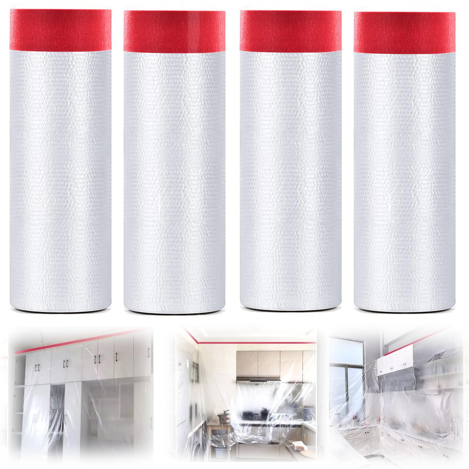 ELECDON 4 Rolls Pre-Taped Masking Film, Tape and Drape Automotive Painting Covering, Assorted Masking Paper, Protection Covering Cloth for Skirting, Frames, Cars and Auto Body (43Inch X 65Feet)