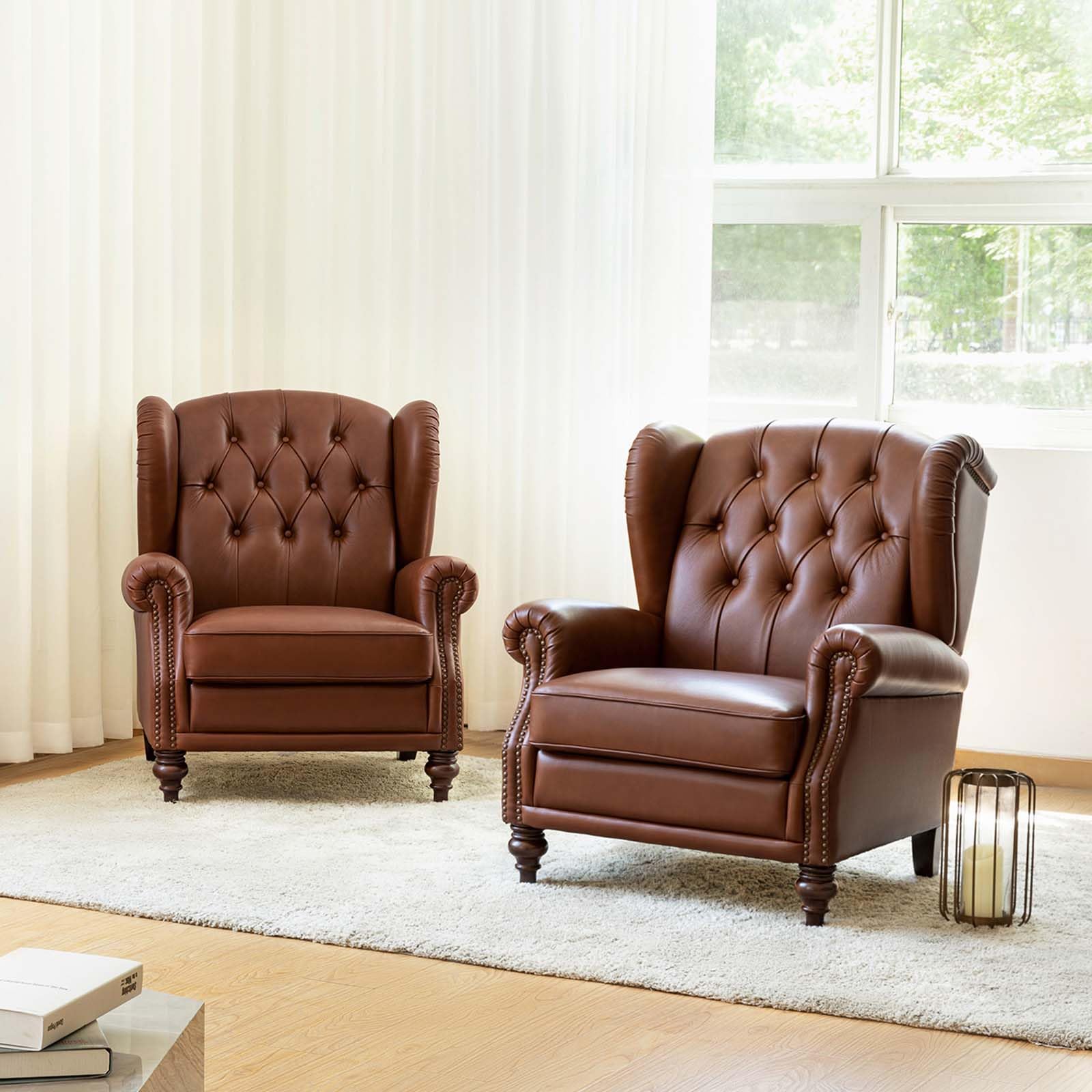 HULALA HOME Genuine Leather Accent Chairs Set of 2, Button-Tufted Living Room Armchairs with Removable Cushion, Traditional Single Sofa Chairs with Nailhead Trim for Living Room, Bedroom, Brown