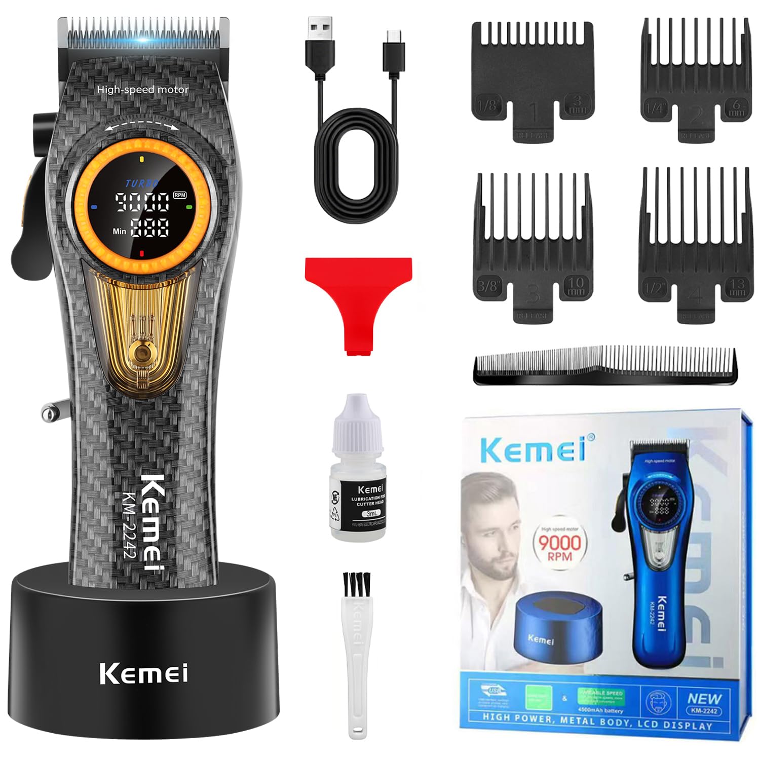 KEMEI 2242 - Tagliacapelli professionale da uomo, elettrico senza fili, tagliacapelli da barbiere, lame DLC, motore turbo da 5000-9000 giri/min, ricaricabile tramite USB, fino a 220 minuti di utilizzo