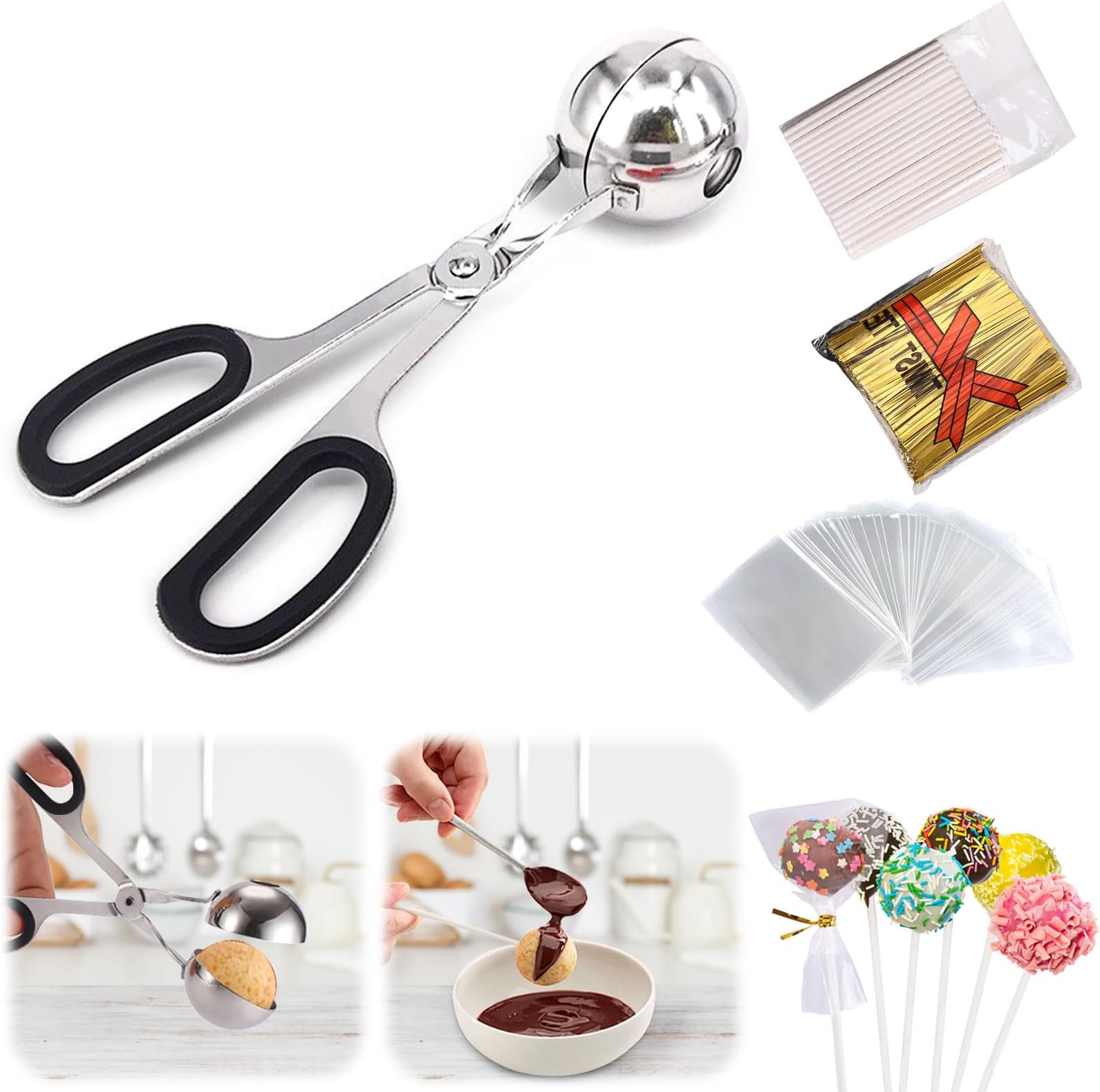 Cake Pop Kit, Cake Pop Making Kit Including 100Pcs Sticks, Parcel Bags and Twist Ties for Cakepop, Hard Candy, Cookies (Black-Large)