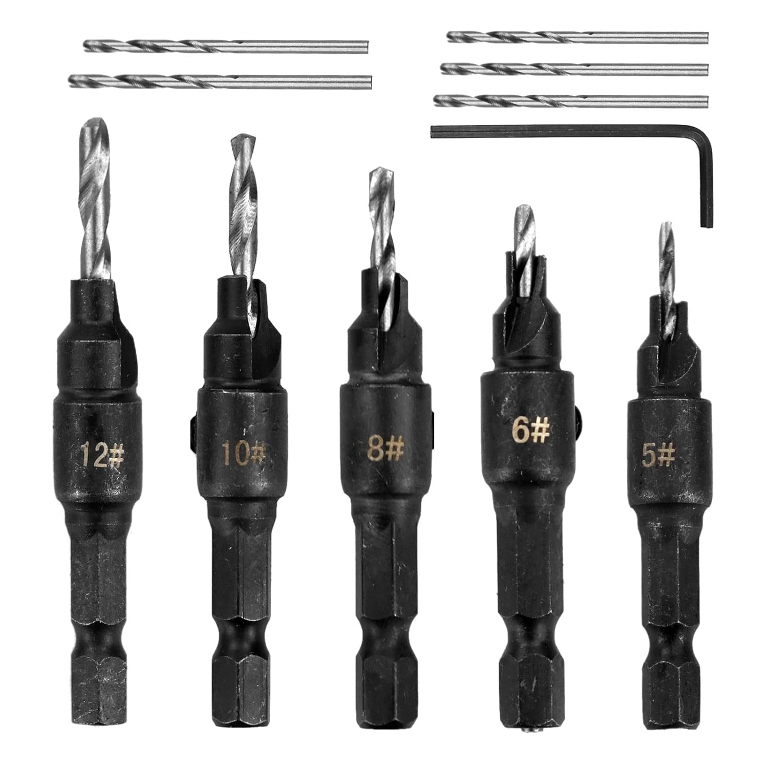 Countersink Drill Bit Set, 5Pcs Quick Change 1/4" Hex Shank Adjustable Countersink Set, 5pcs