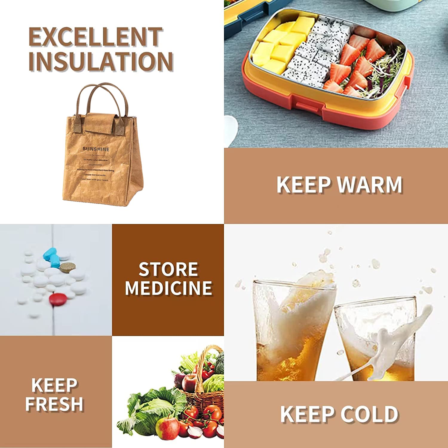 Borsa Termica Per Pranzo In Velluto A Coste - Marrone E Bianco A Scacchi, Isolata, Con Tasche, Per Lavoro E Picnic