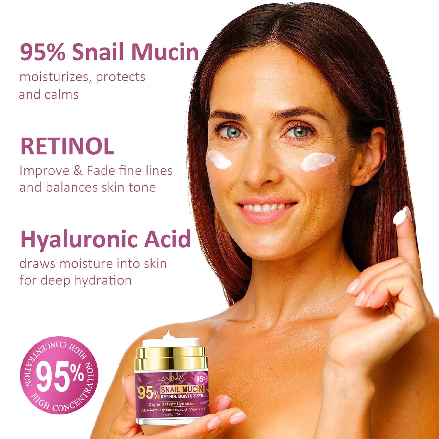 95% Snail Mucin Retinol Cream, Snail Repair Cream for Improving Fine Lines & Dryness, Skin Elasticity, Day and Night Hydration with Aloe Vera, Hyaluronic and Vitamin E, 1.76 Oz - Image 5