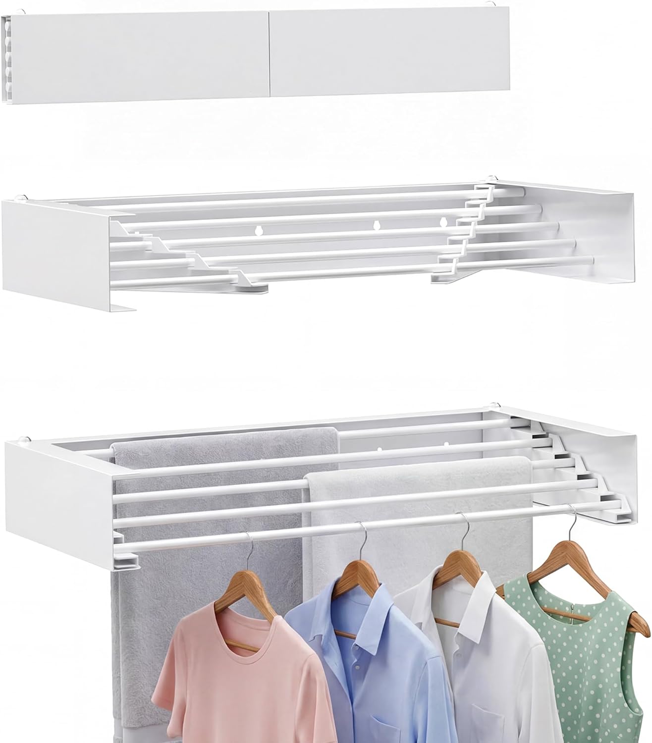 Wall Mounted Clothes Drying Rack - Heavy Duty 5-Rod Retractable Clothing Drying Rack, 60LBS Capacity Tiered Laundry Hanger, Large Foldable Dryer Racks for Indoor