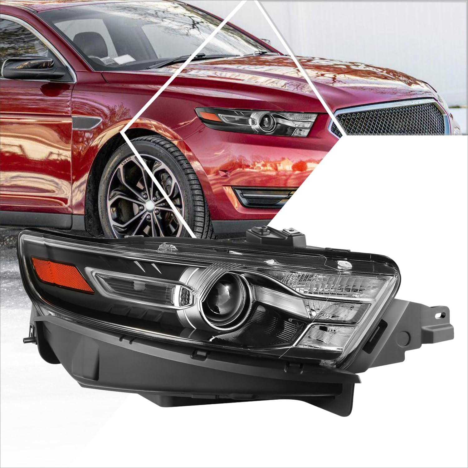 PM PERFORMOTOR Headlights Assembly Compatible with Ford Taurus 2013-2019, with Turn Signal & Side Marker, Driver Left Side, Black Housing Amber Reflector