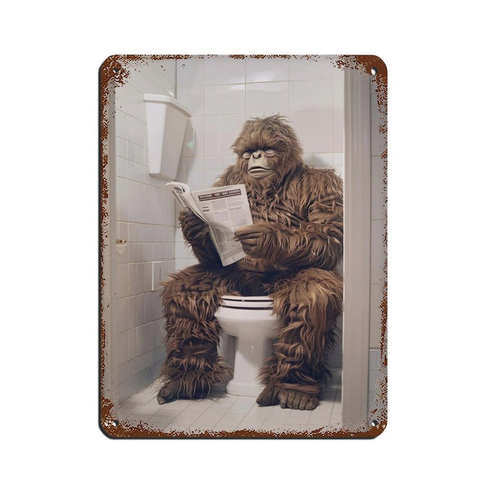 Sasquatch Sitting on The Toilet Reading A Newspaper (6) Tin Sign Vintage Metal Pub Club Cafe Bar Home Wall Art Decoration Poster Retro 12x16inch(30x40cm)