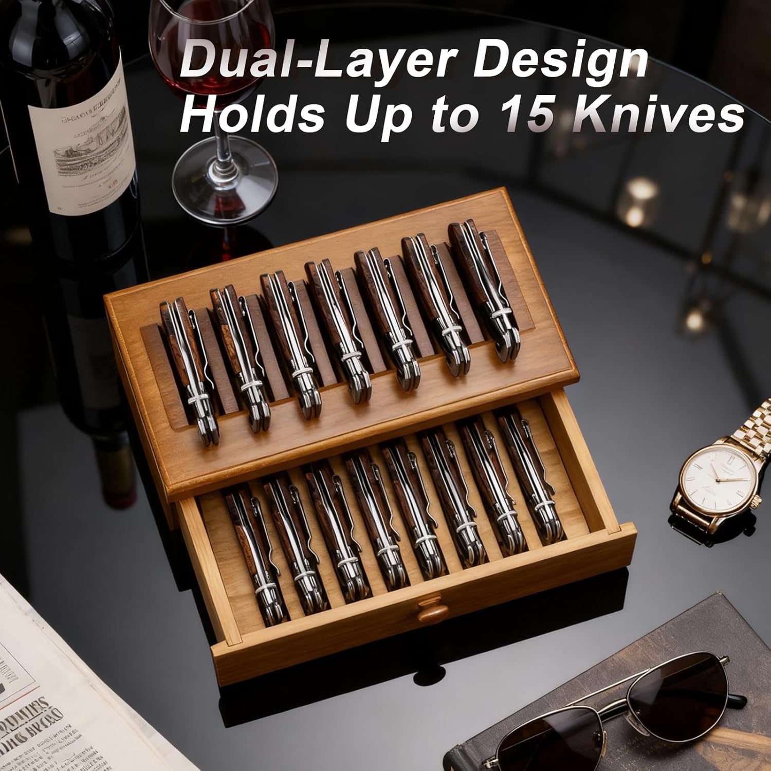 Wooden Knife Display Case with Drawer, 15-Slot Pocket Knife Collection Box with Thick Clear Acrylic Cover, Solid Wood Base, 2-Tier Storage Case for Folding Knives & EDC Items, Gift Box Included -Brown