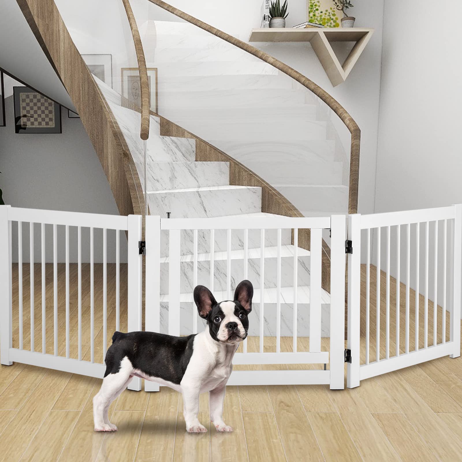 GOPLUS Puerta de Seguridad de Escalera de Corralito de Madera de Pino Barrera Plegable Puerta de Seguridad para Perros Puerta de Seguridad (Blanco)