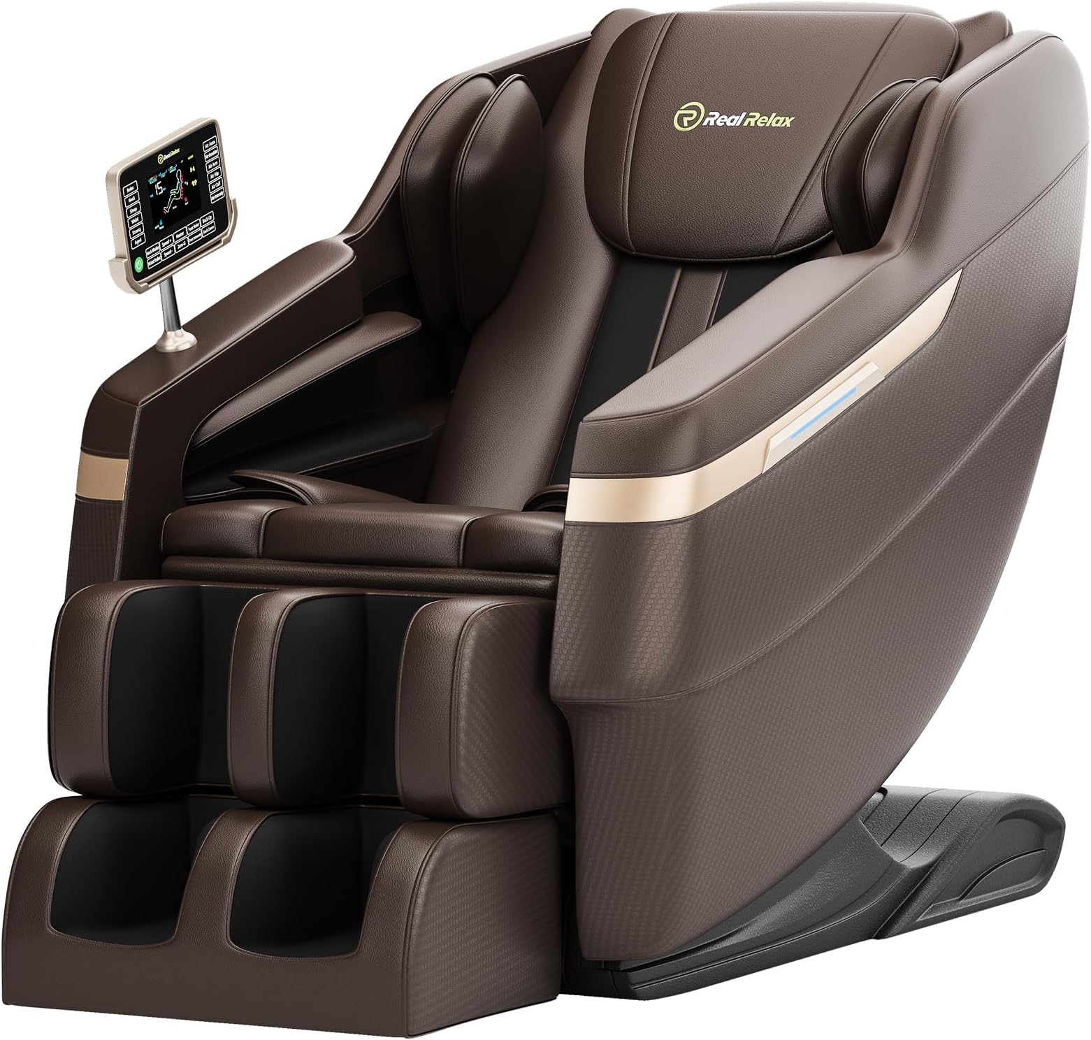 Real Relax 2025 Full Body Massage Chair, Zero Gravity Recliner with 6 Auto Modes, Waist and Calf Heating, Foot Massage, Bluetooth, Brown and Gold