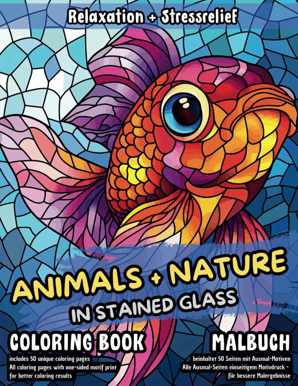 JDs Animals and Nature in Stained Glass - Coloring Book / Malbuch - P02: Scenes from the Forest, Jungle, Sea, Ocean or Zoo with Flowers and Plants. Suitable for Kids, Children or Adults