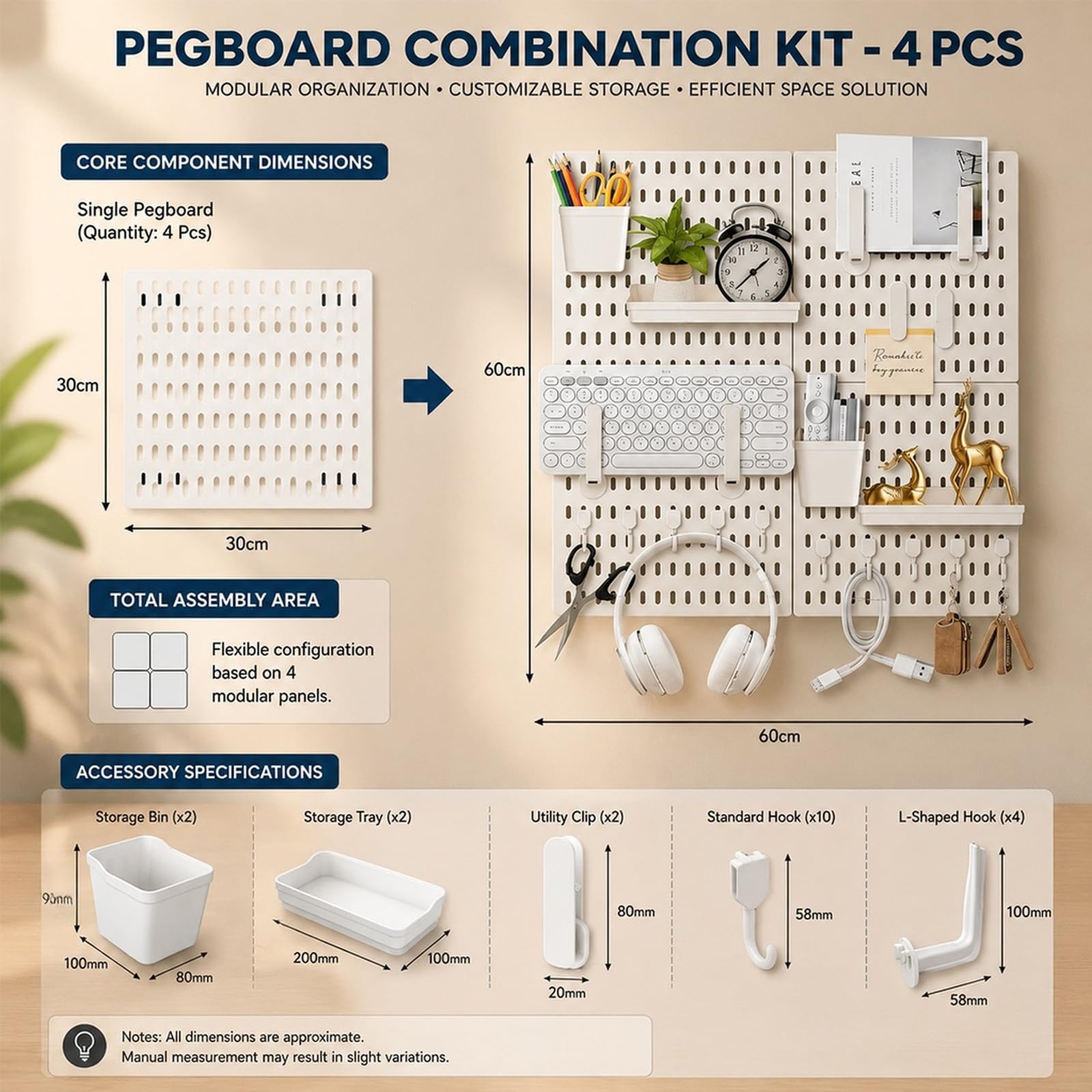 Set di 4 pannelli forati e 20 accessori, set combinato di pannelli forati, per stoccaggio, organizzazione e decorazione, combinazione libera